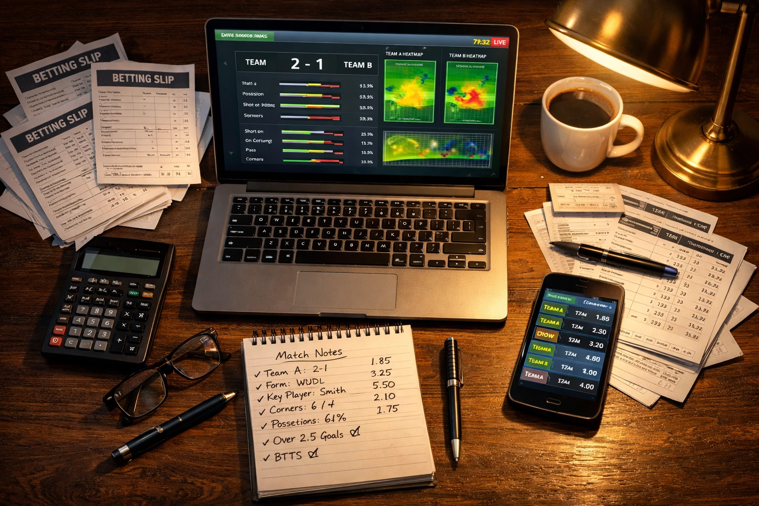 Sportwetten-Analyse mit Statistiken, Wettscheinen und Quotenvergleich am Schreibtisch