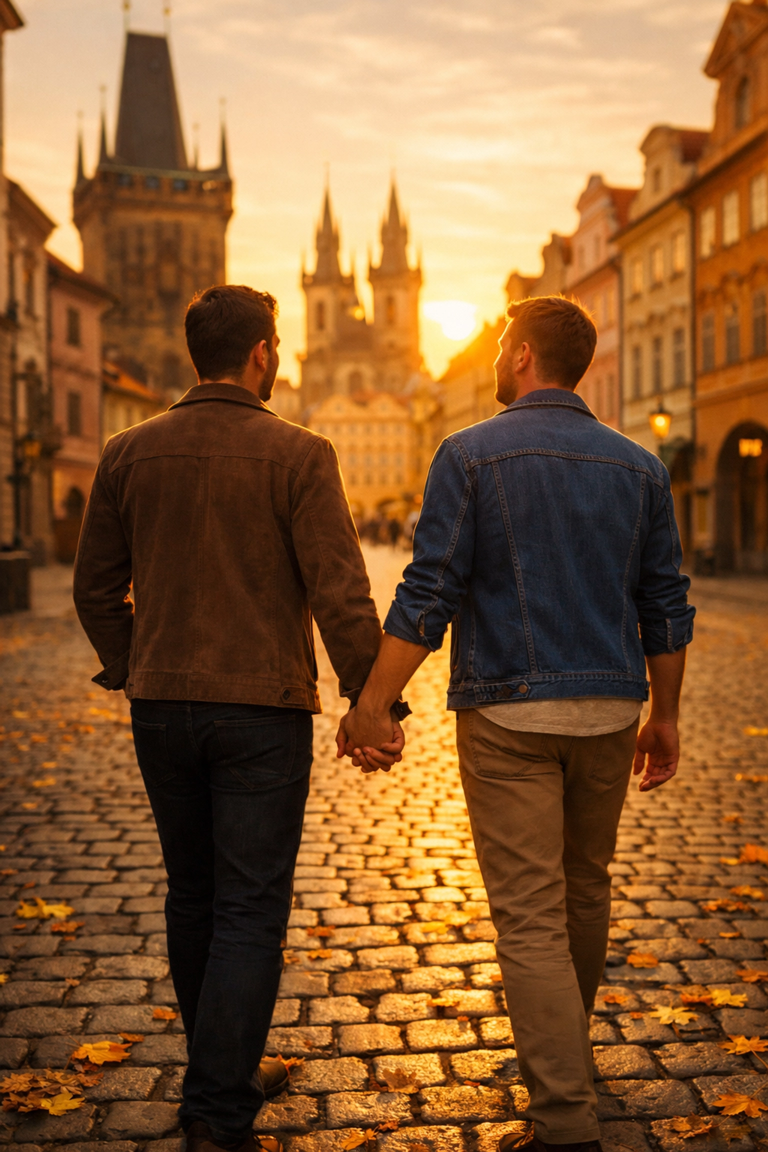 Gay couple holding hands walking cobblestone streets in Prague Old Town at sunset