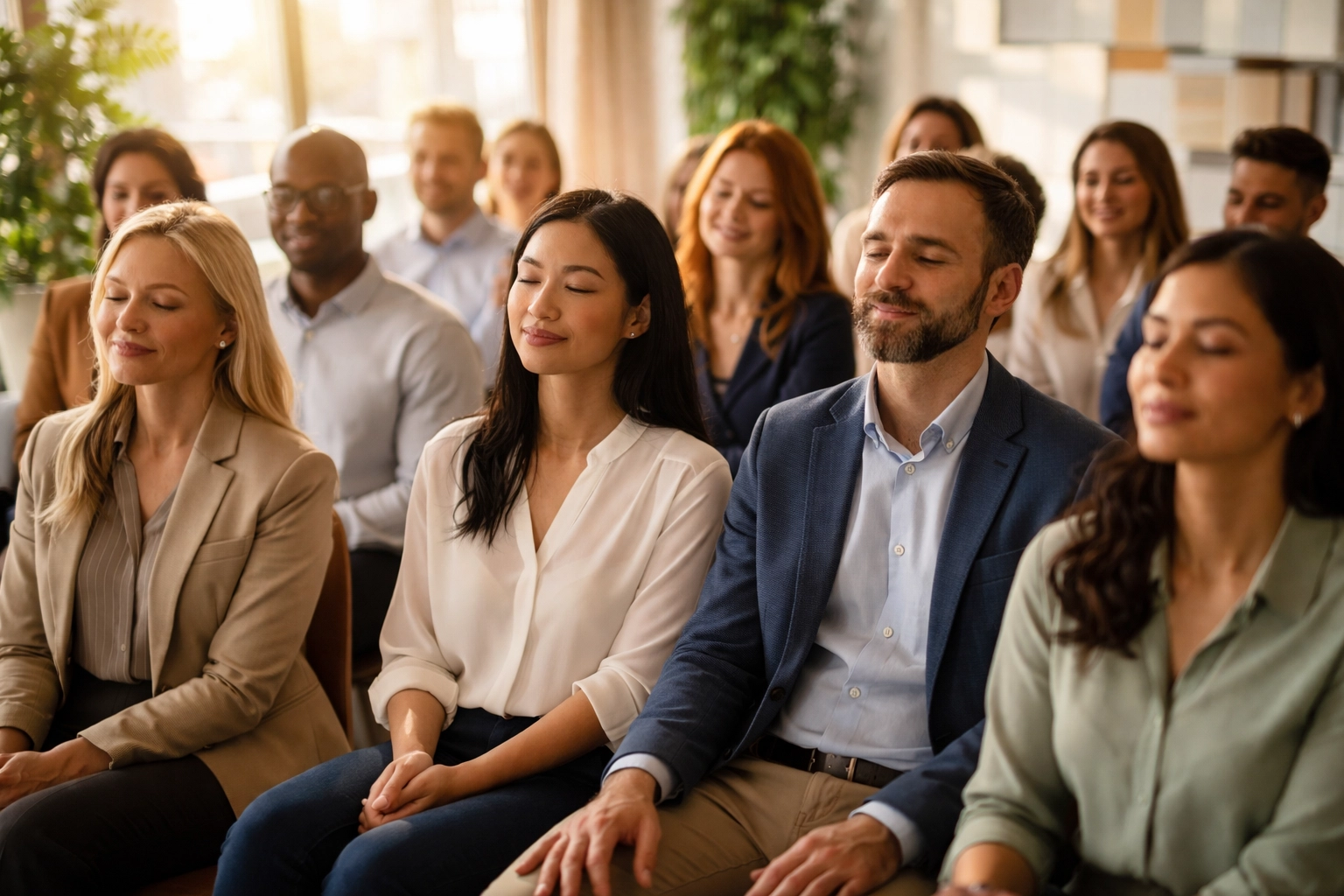 Corporate team experiencing mindfulness and stress reduction in a wellness workshop setting