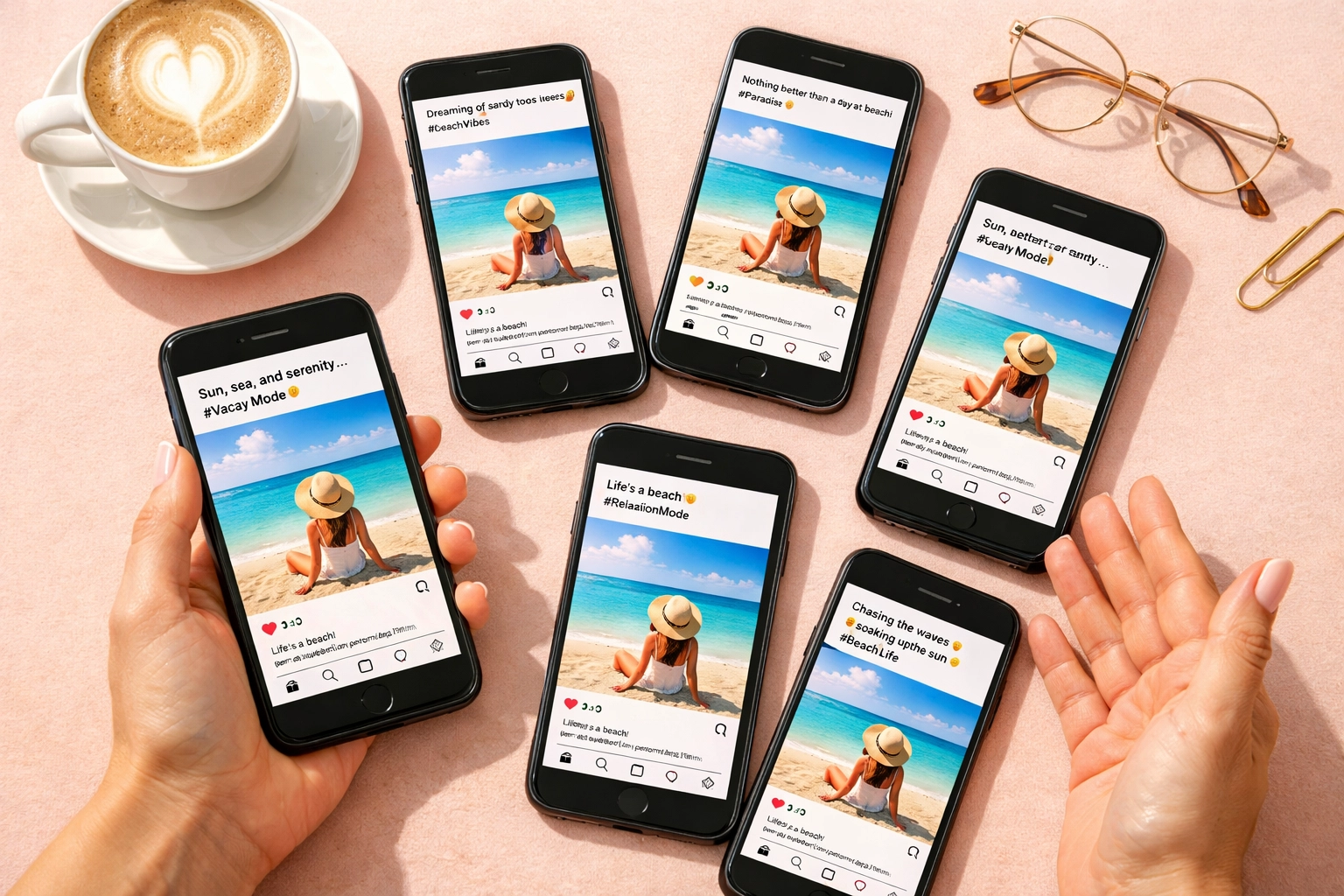 Multiple phones displaying different AI-generated social media caption variations for comparison