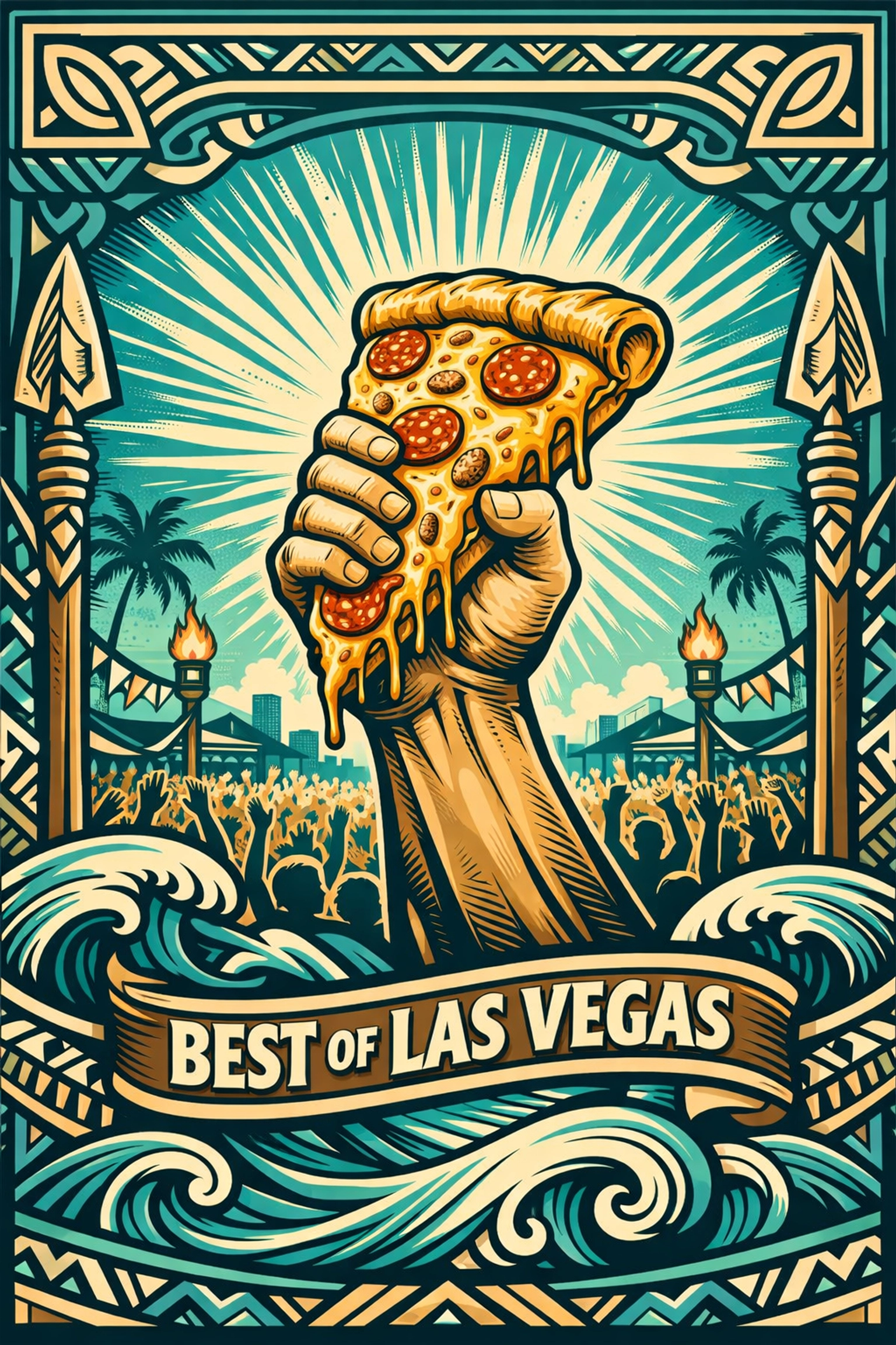 Award-winning pizza slice from Guido Pie being enjoyed at the TALOFA FEST celebration in Las Vegas.