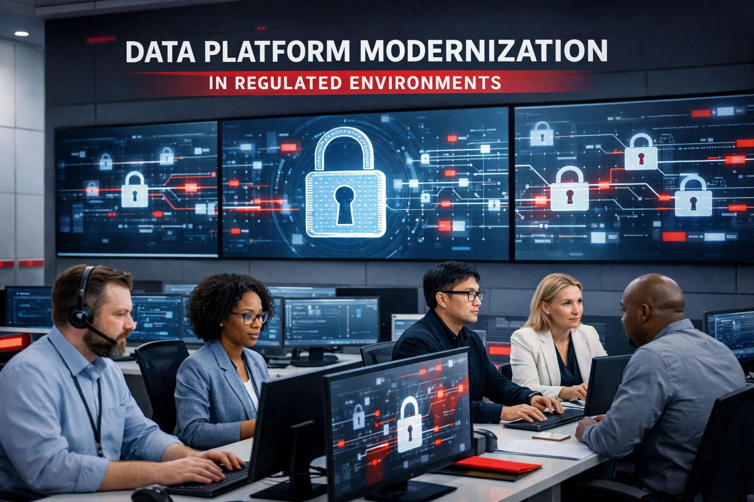 Secure data engineering team working on regulated data platform modernization with governance controls.