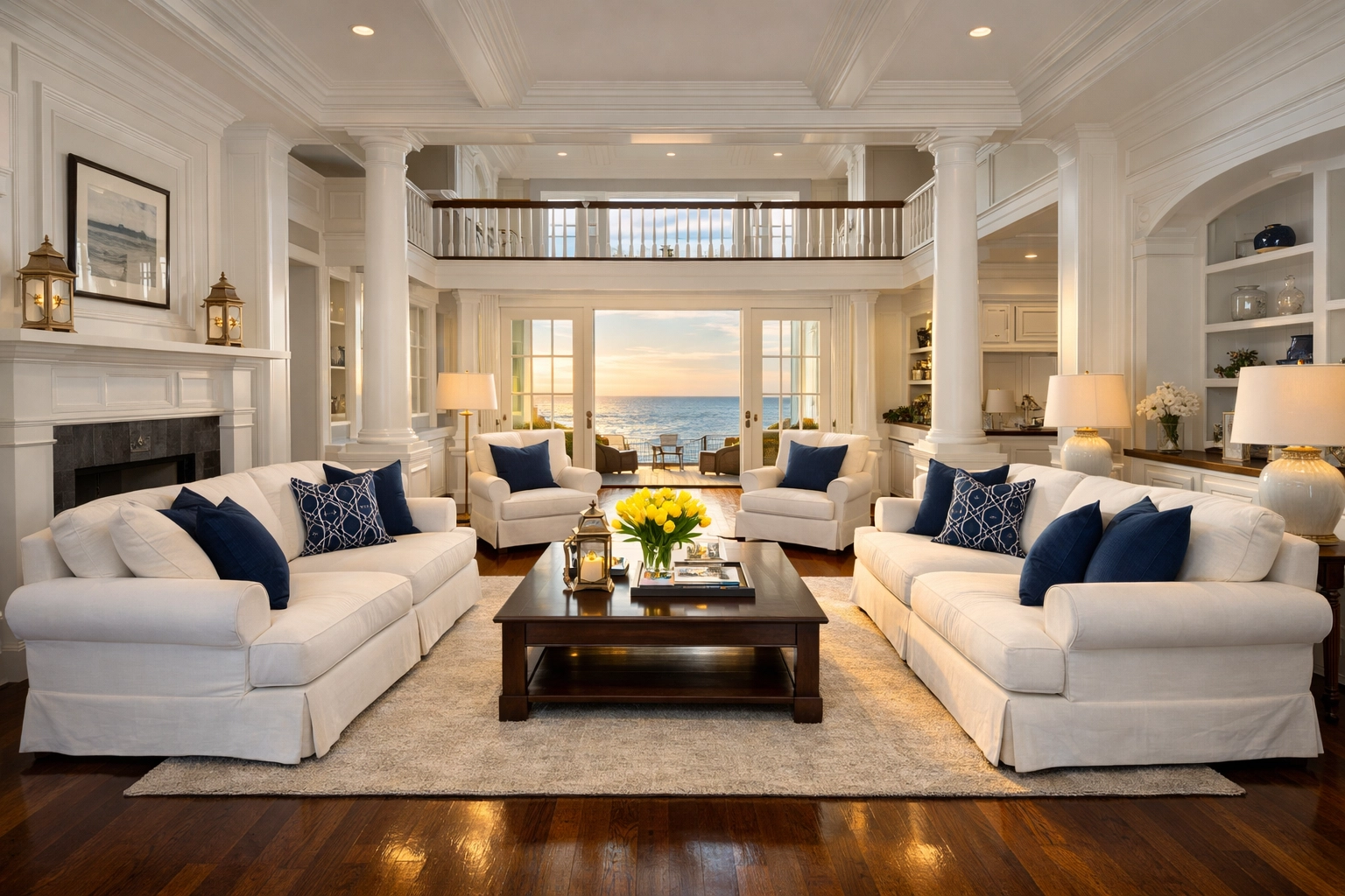 A spotless coastal living room in Marblehead managed by a luxury house cleaning service.