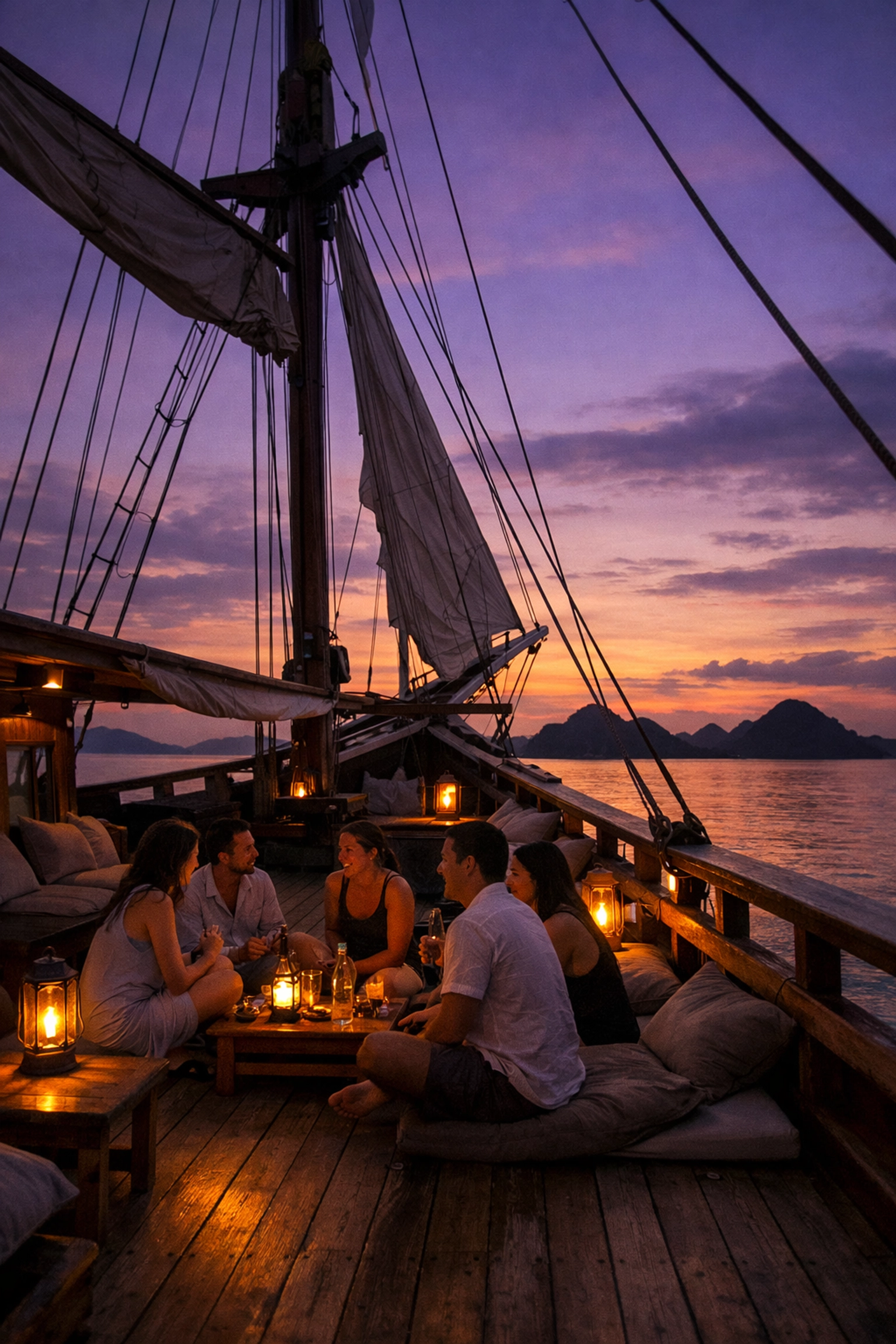Friends gathering on the deck of a luxury Phinisi schooner at twilight during a remote Indo-Pacific adventure.