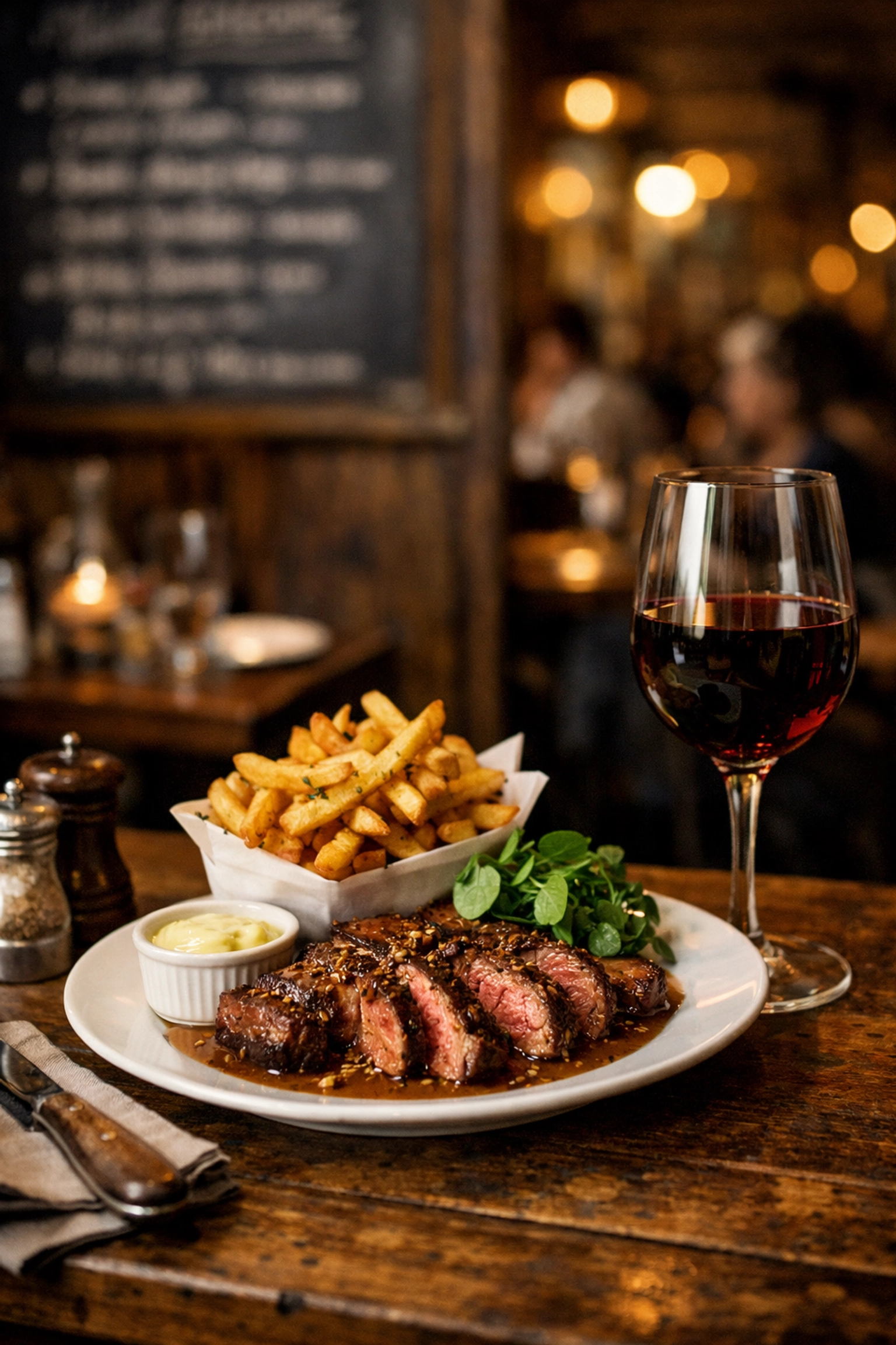 A perfectly plated steak frites dish with a glass of red wine at a cozy Montreal bistro.