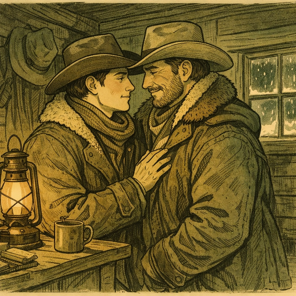 Two cowboys share intimate moment inside Wyoming line shack during 1920s winter - gay historical romance