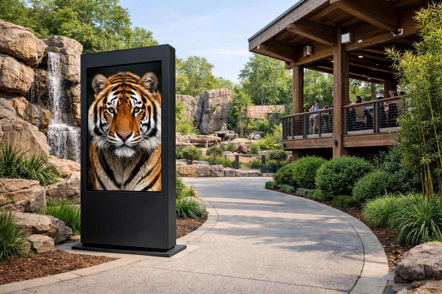 Large digital signage pylon in a modern zoo displaying high-definition animal imagery and integrated IoT technology.