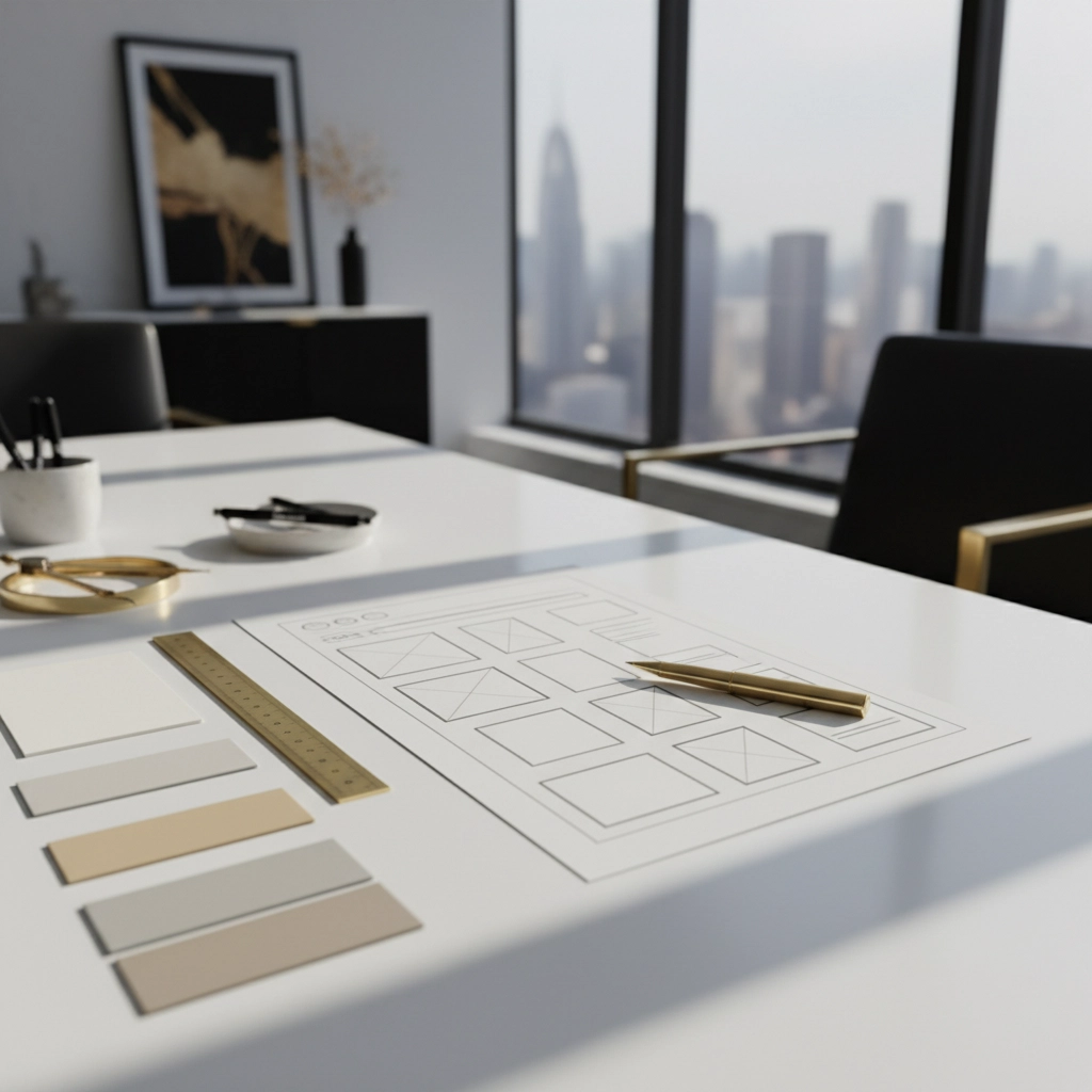 Modern office with city view; white desk with design sketches, color swatches, ruler, and a pen. Minimalistic decor with neutral tones.