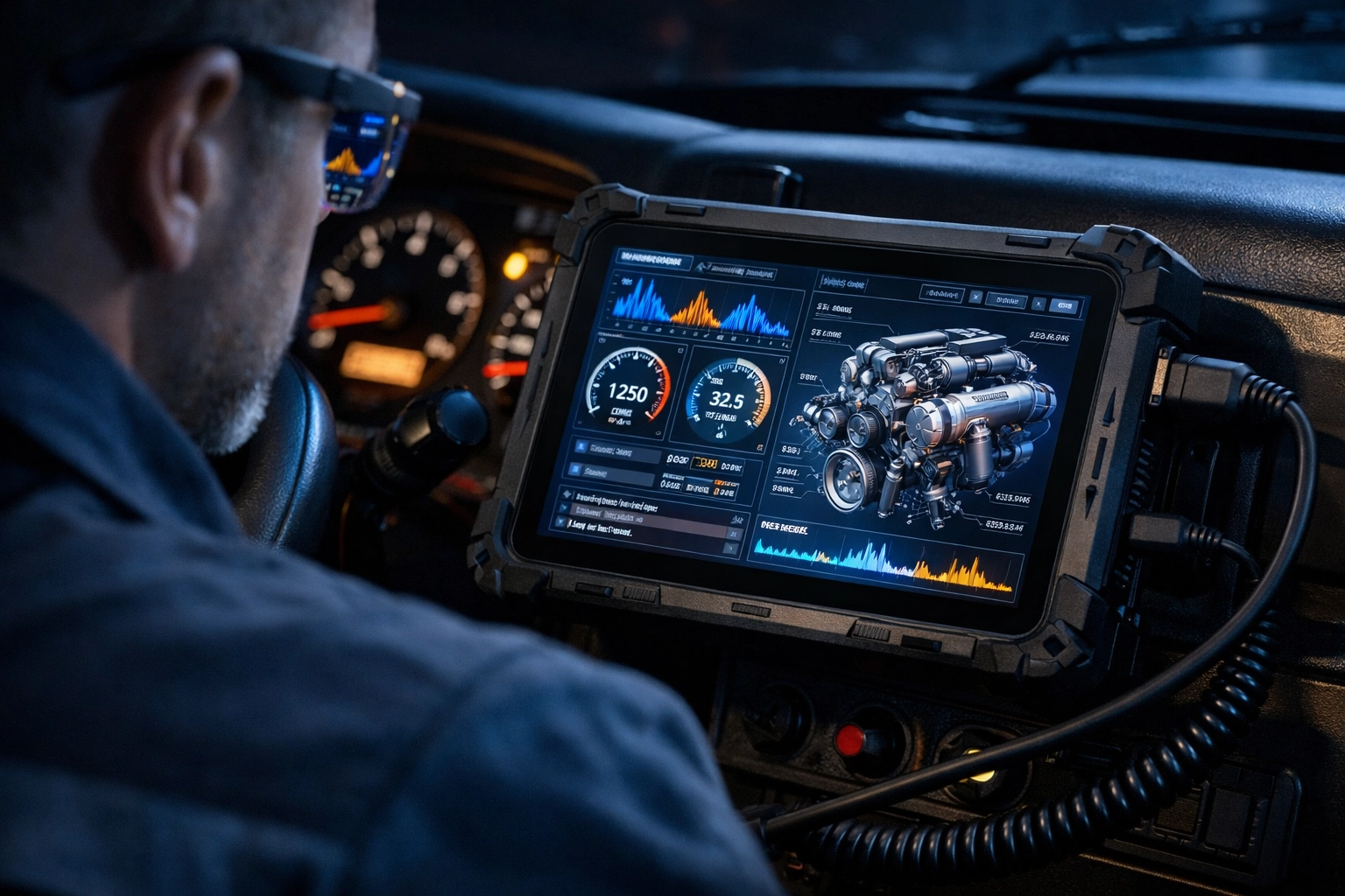 Professional diagnostic tablet reading engine codes during a mobile semi truck repair service call.