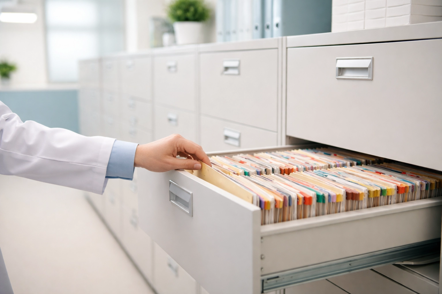 Organized medical records filing system for behavioral health clinic, illustrating licensing and compliance documentation in 2026
