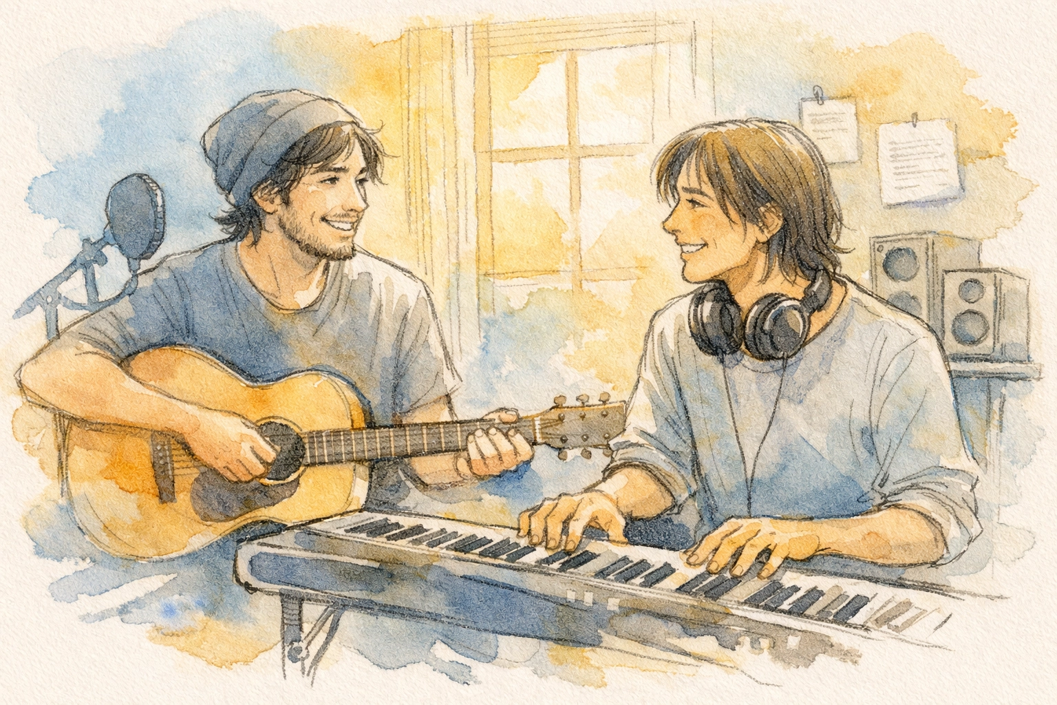 Two indie musicians collaborating together in home recording studio