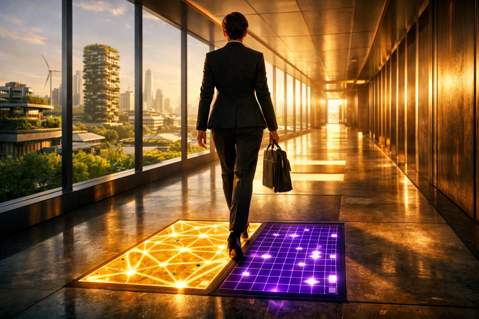 A professional walking through a modern office symbolizing career momentum from stacked credentials.