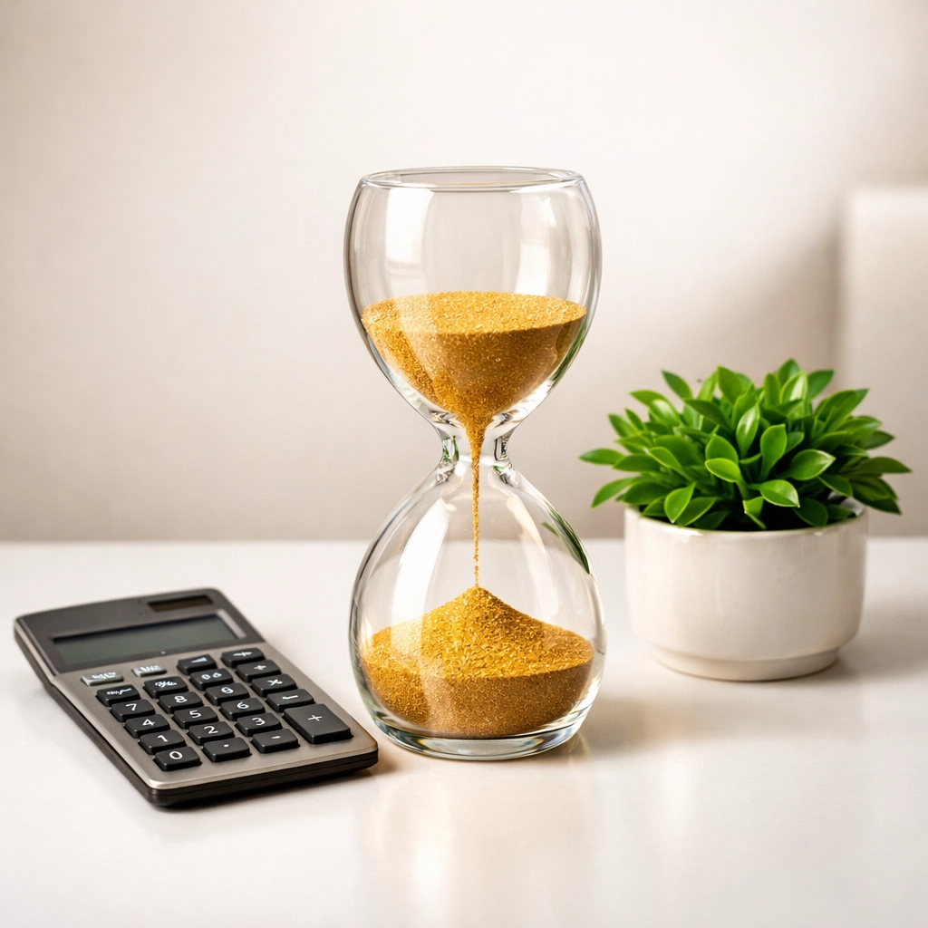 Hourglass beside a calculator representing predictable flat-rate pricing for QuickBooks Online cleanup services.