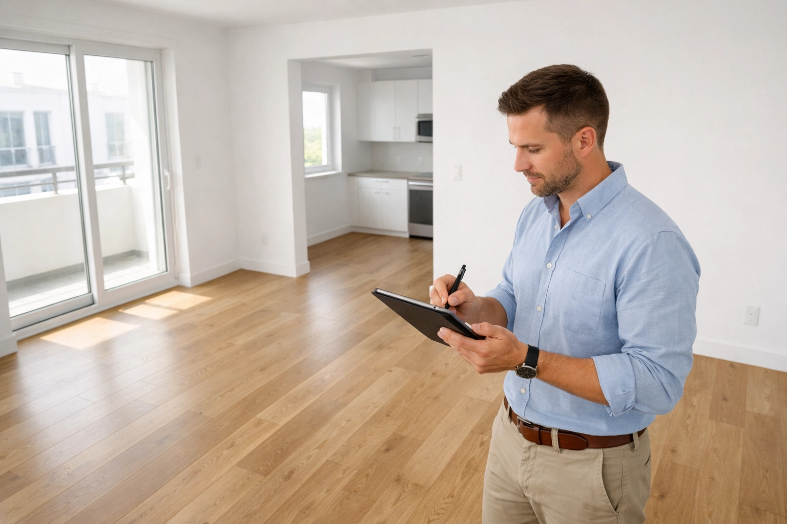 Property manager conducting apartment walkthrough inspection with digital tablet during make ready process