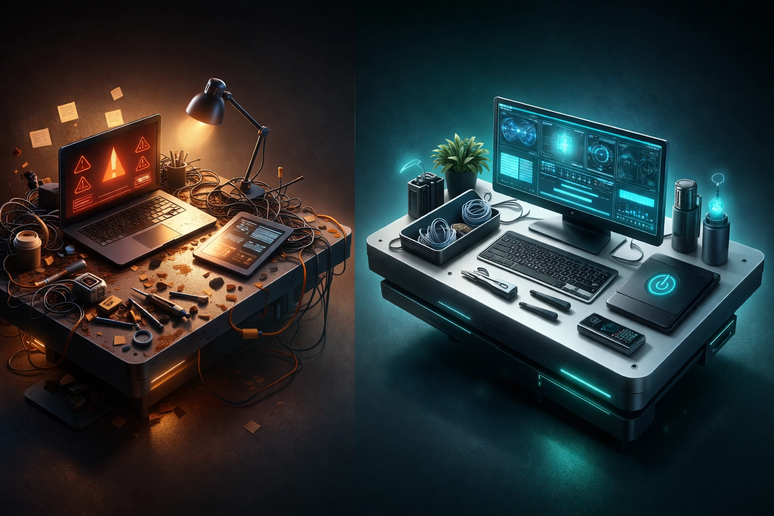 Illustration comparing DIY website maintenance chaos to professional, organized WordPress maintenance service.