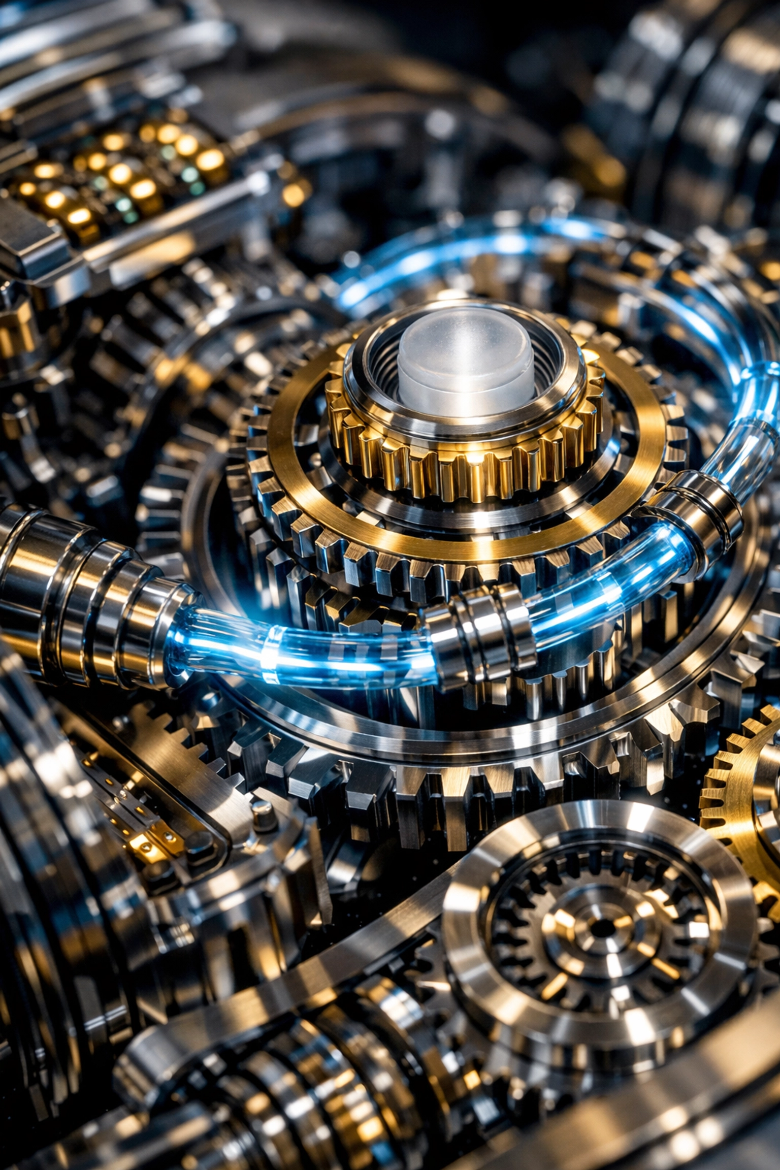 Precision machine parts symbolizing the mechanical efficiency and high ROI of automated AI support systems.