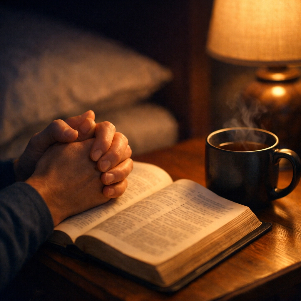 Hands folded in prayer over open Bible with tea for peaceful bedtime reflection