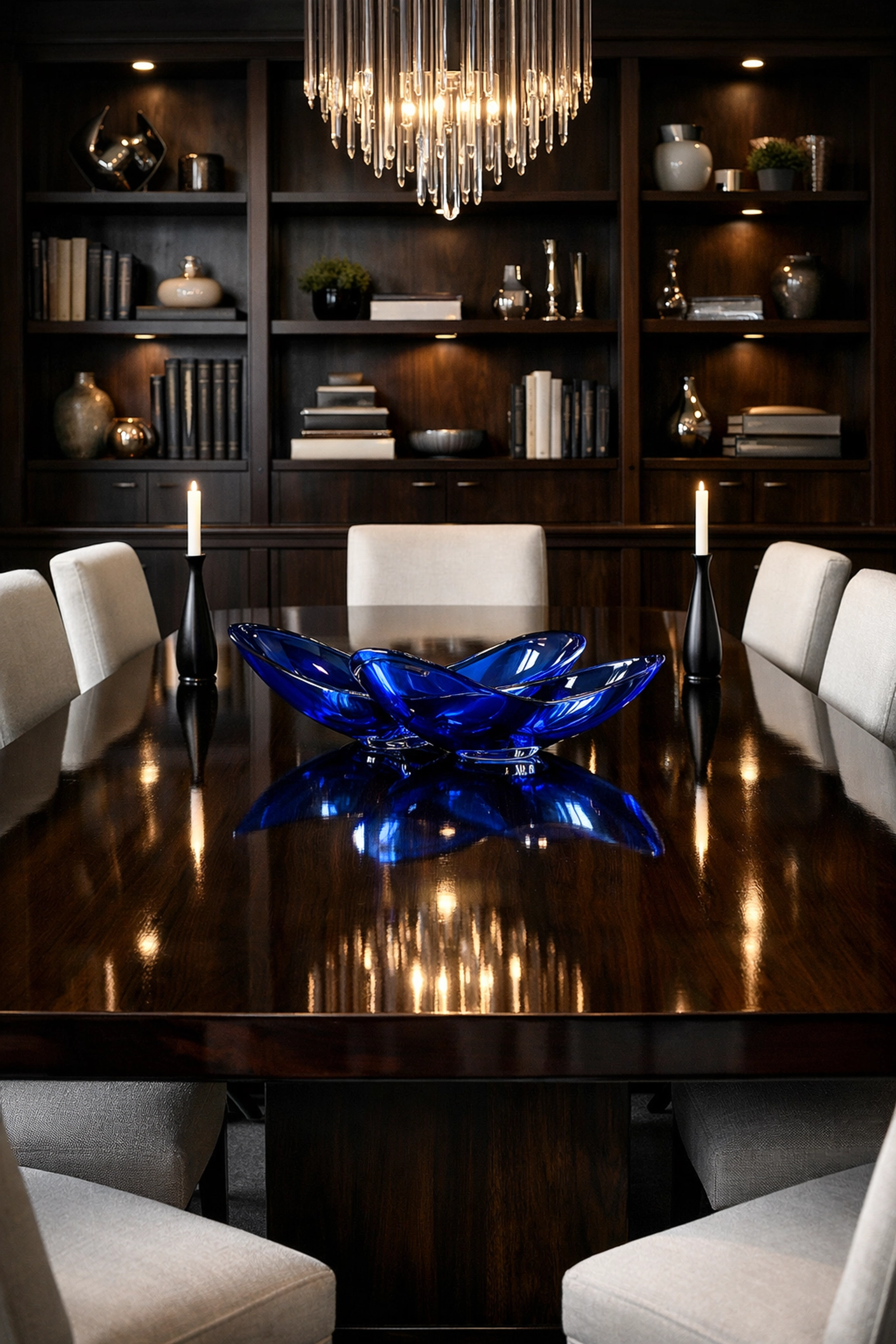 Impeccably clean dining room with polished dark wood table by professional cleaners in Leominster MA.