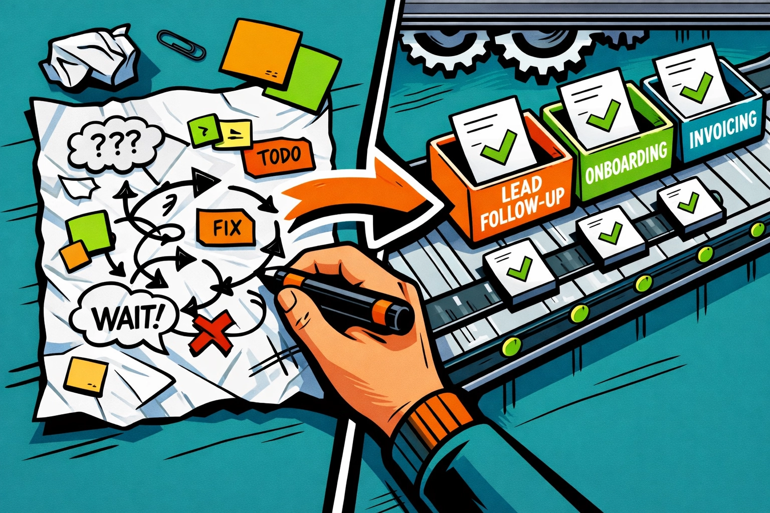 A hand mapping out manual business tasks into a clean and efficient automated workflow assembly line.