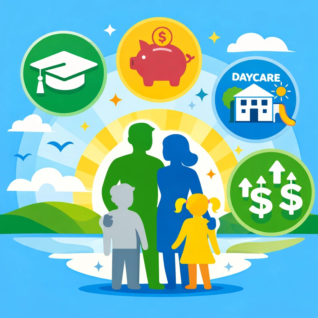 New Haven family surrounded by tax credit symbols including education and childcare savings