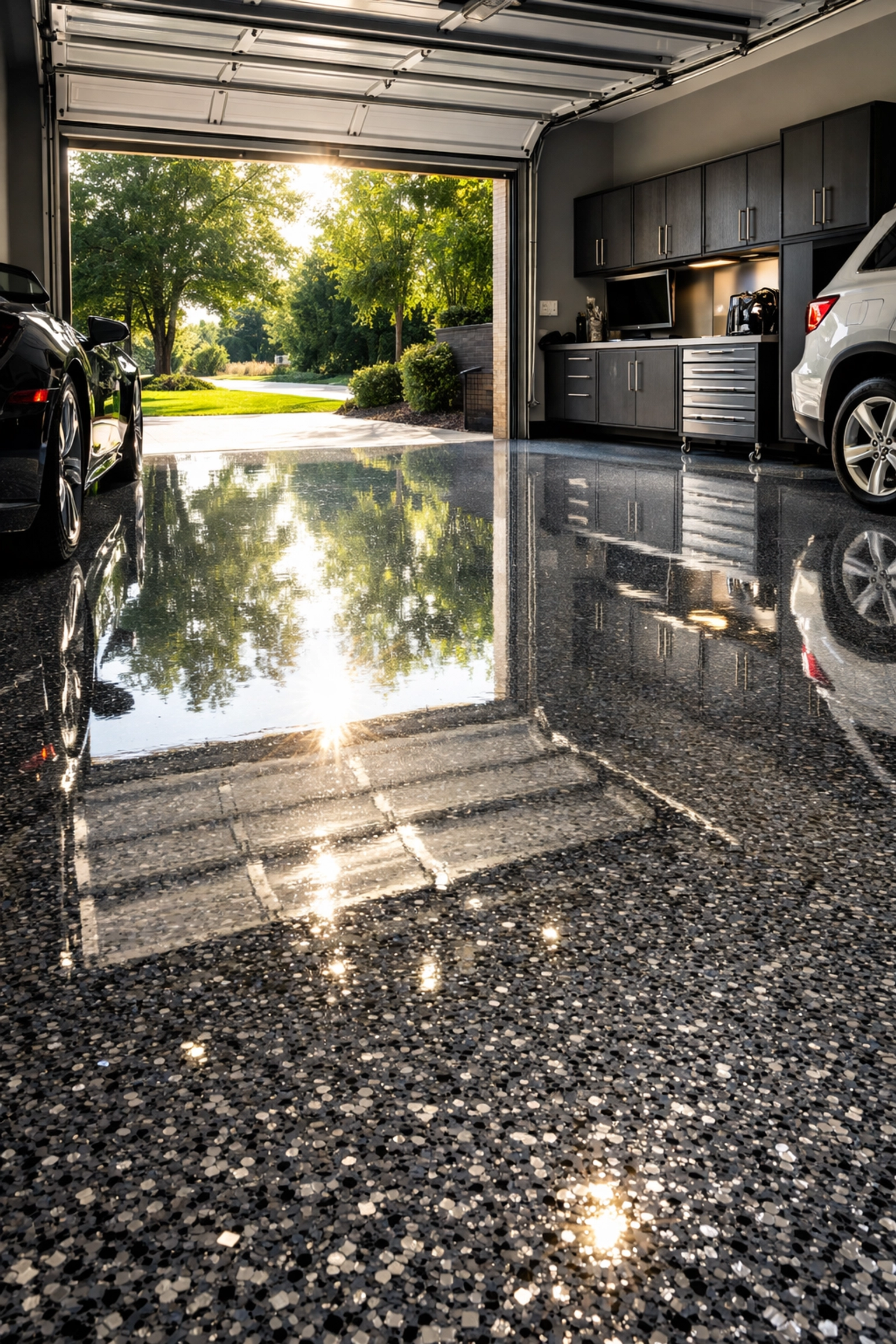 UV-stable polyaspartic flake garage floor coating reflecting bright Mississippi sunlight without yellowing.