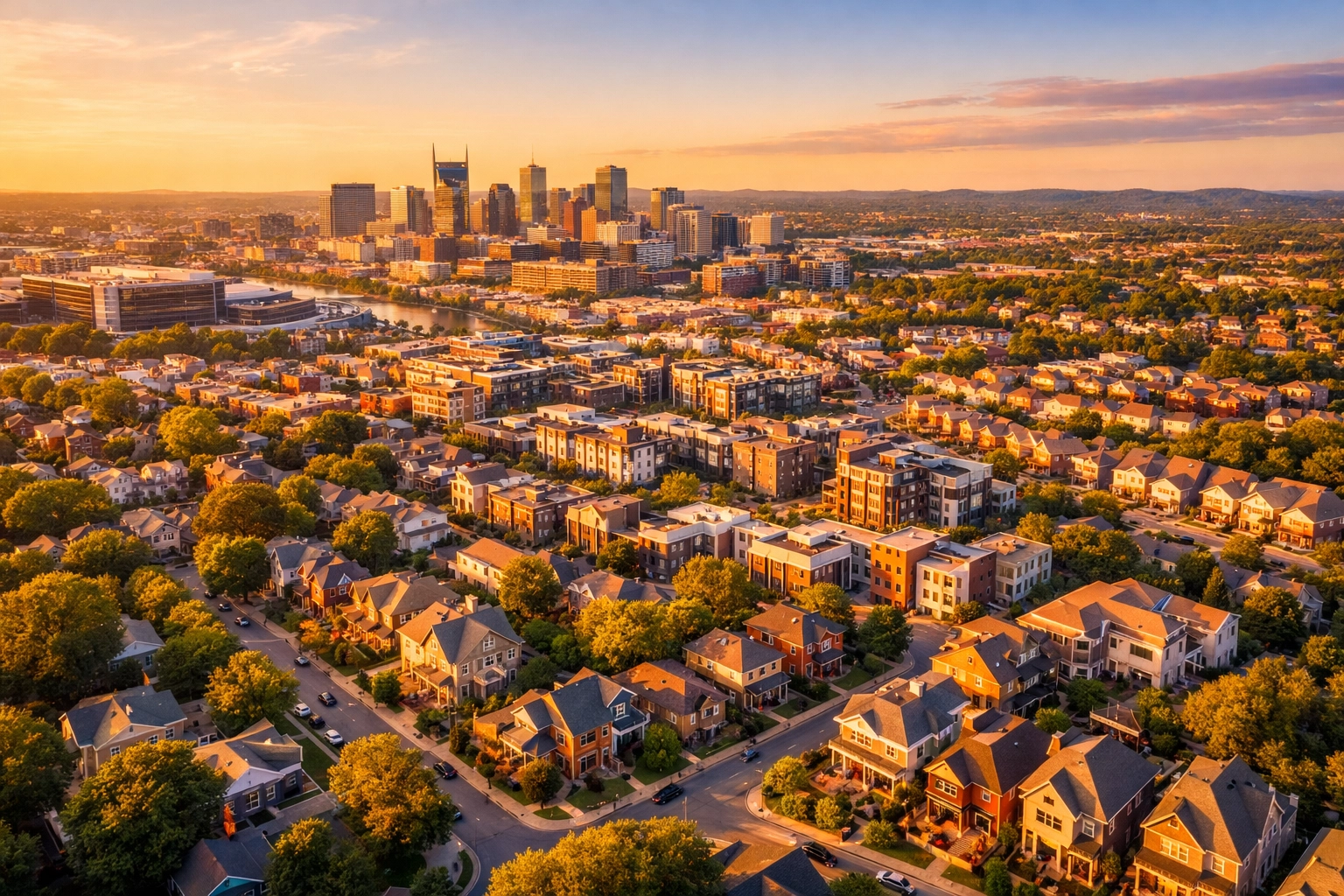 Aerial view of diverse Nashville neighborhoods showing varied housing prices