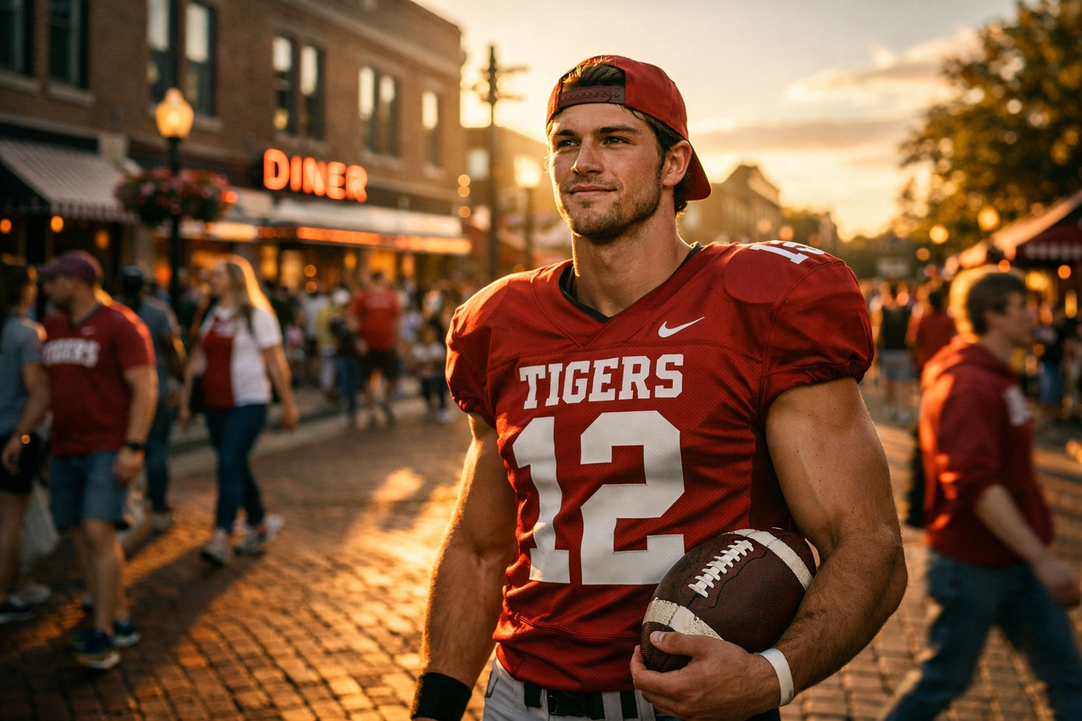 College athlete in university jersey on a busy town street representing local NIL branding and micro-influencer power.