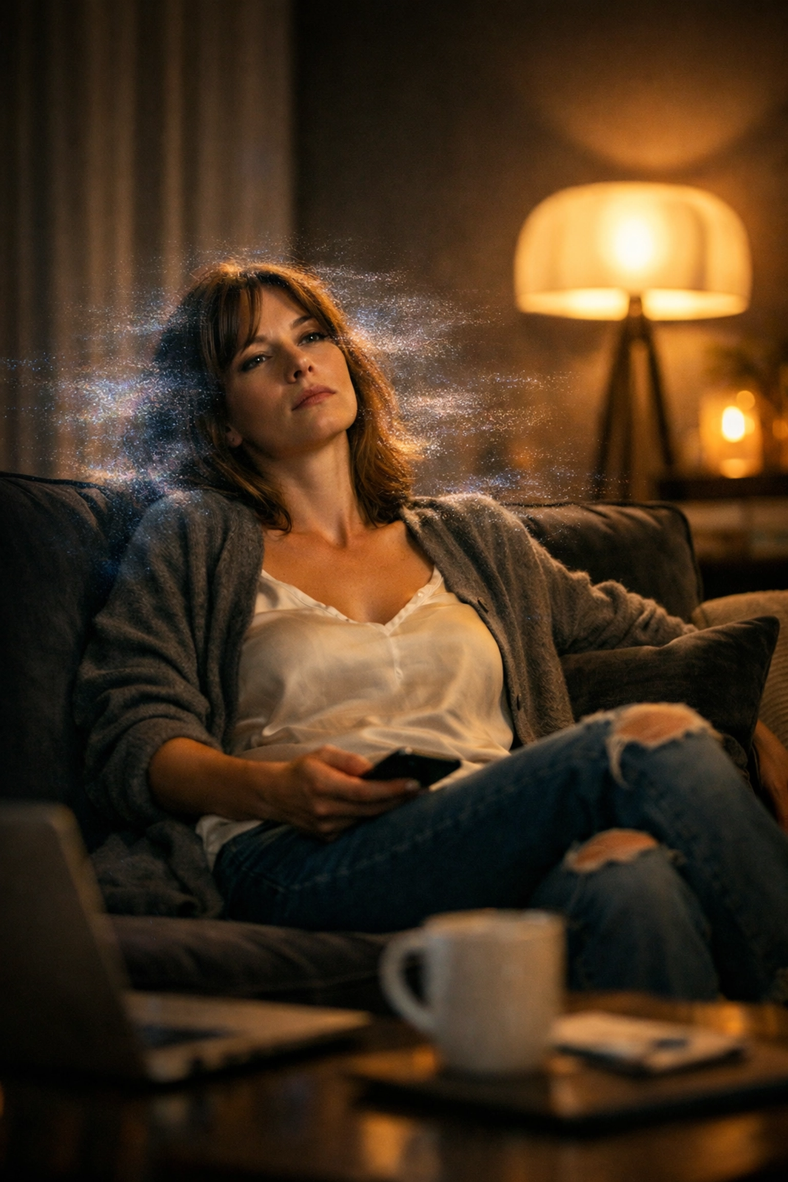 Exhausted woman on sofa illustrating the wired but tired state of a dysregulated nervous system.