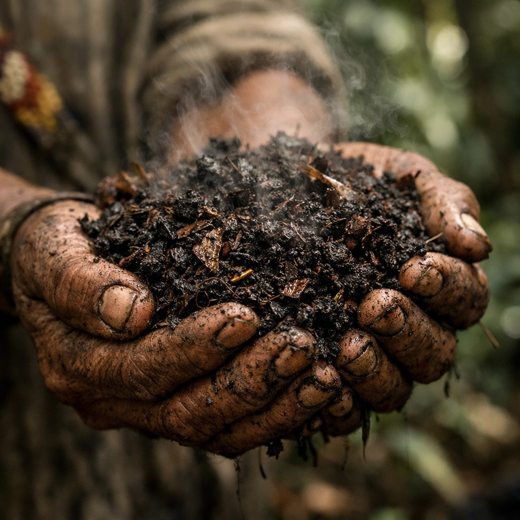 Hands of a Costa Rican farmer holding organic compost, showcasing natural nutrient cycling in food science.