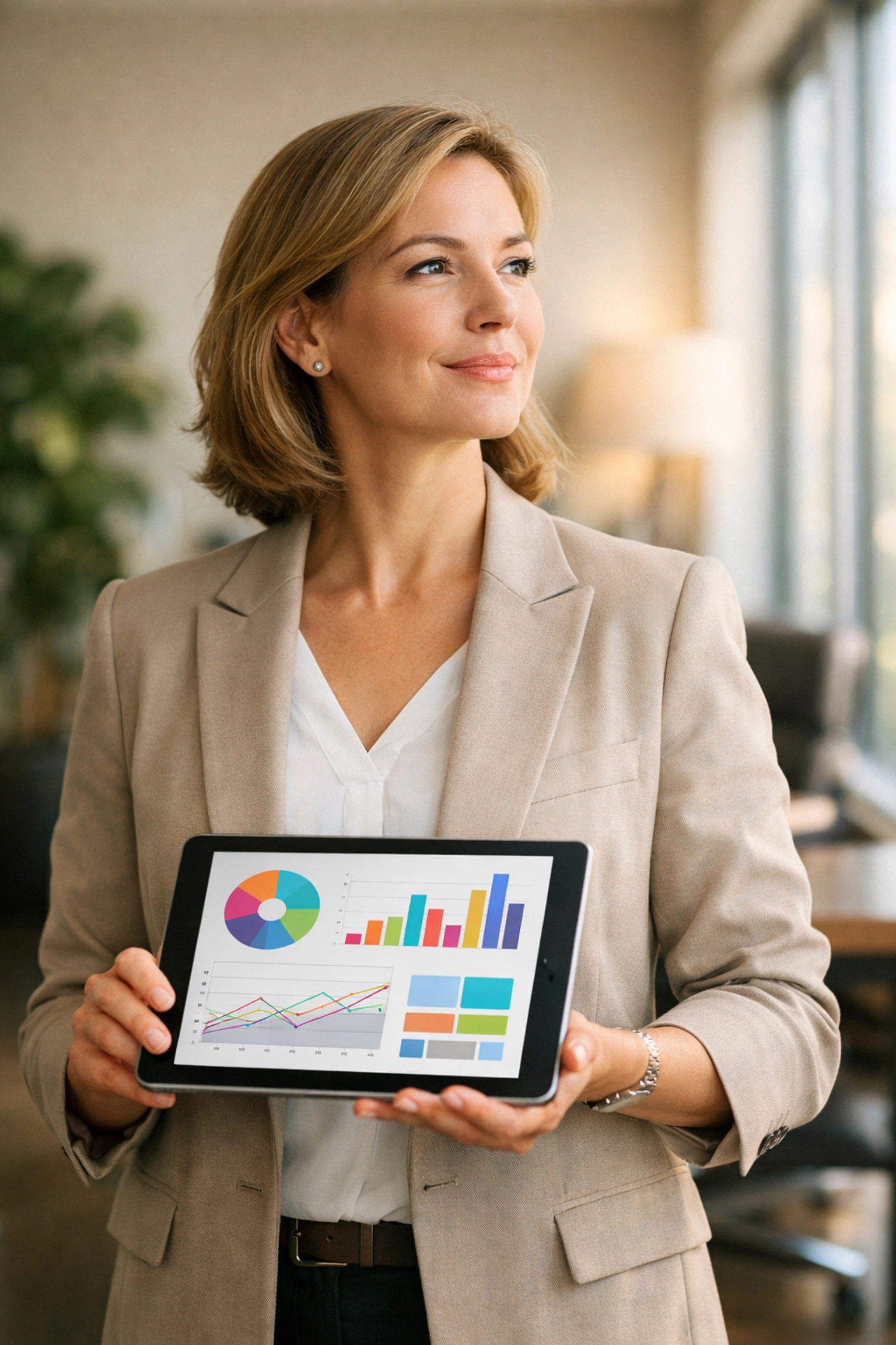 A business leader reviewing workflow automation results on a tablet in a modern office.