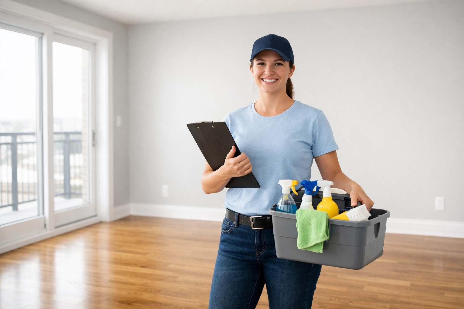 Professional cleaner with supplies in bright empty apartment during make-ready cleaning process