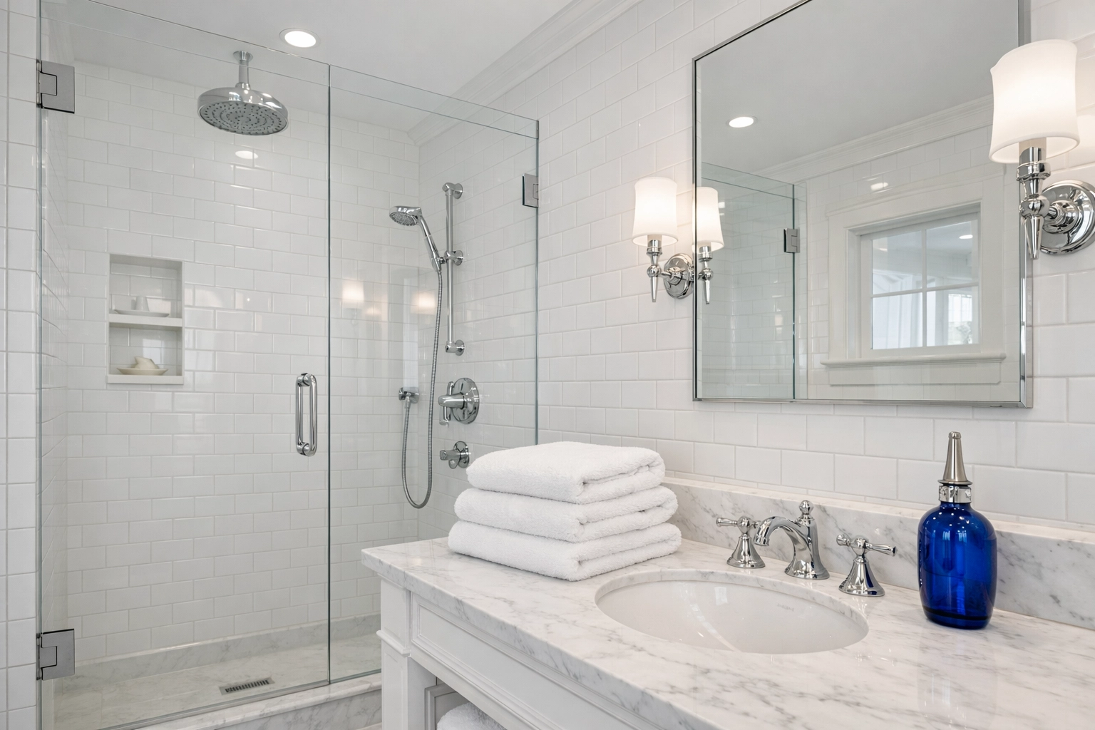 Sparkling clean bathroom with streak-free glass following a Boston apartment move-out cleaning.