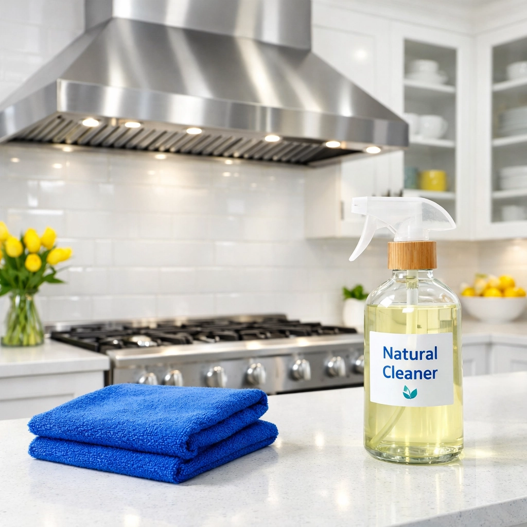 Clean modern kitchen with a stainless steel vent hood and natural cleaning supplies.