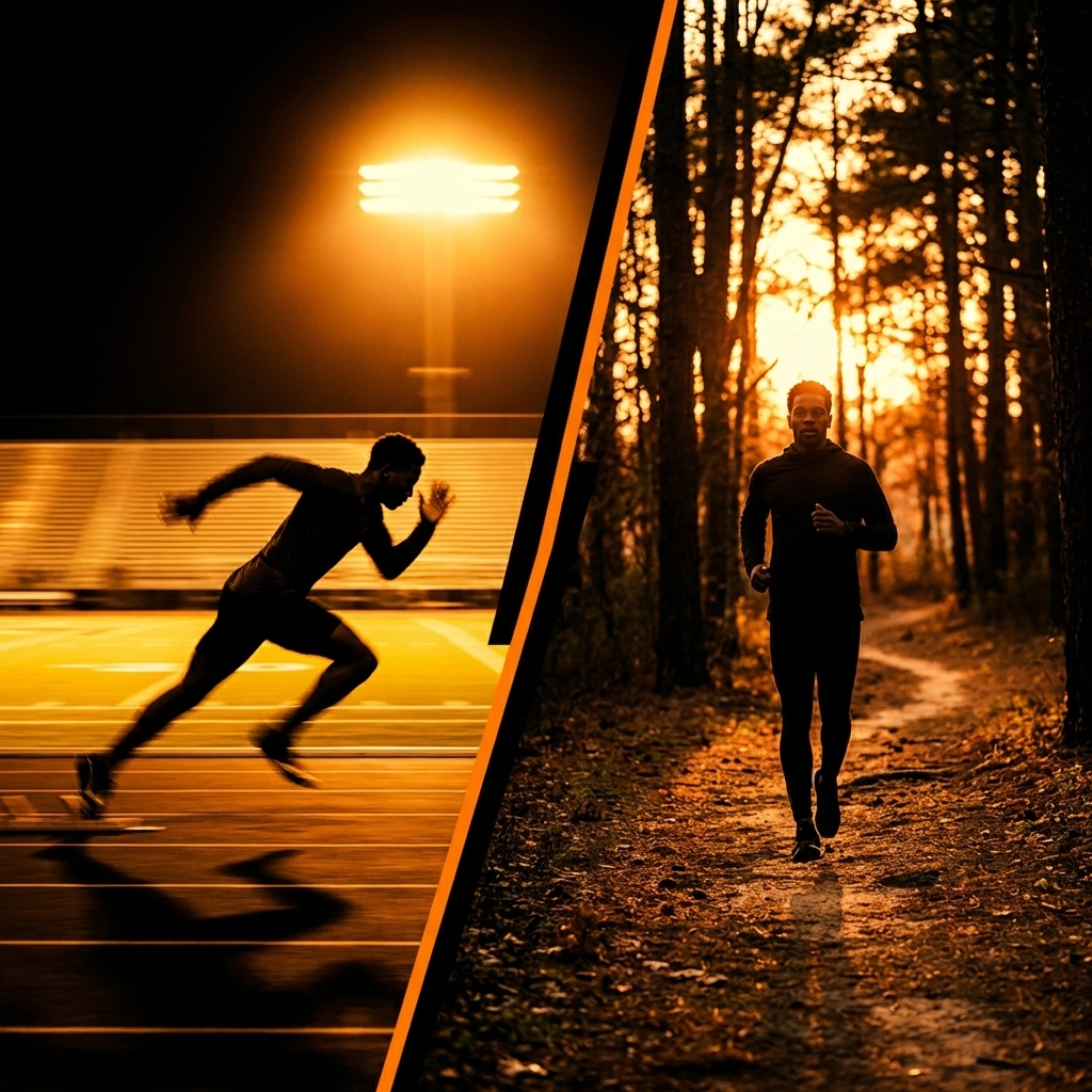 Split scene of a runner doing track intervals and an easy trail run, contrasting marathon training methods