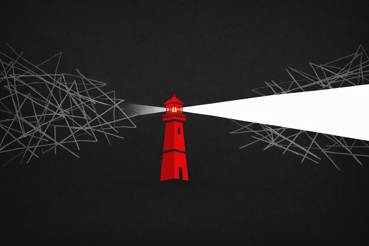 Red lighthouse illuminating a clear path through digital clutter, representing a clear business value proposition.
