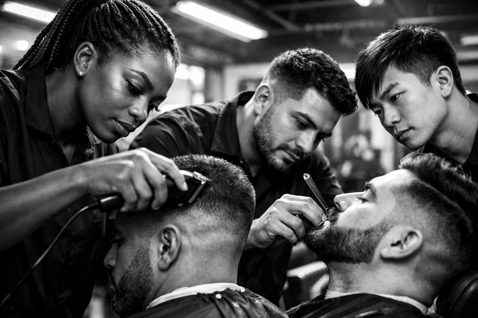 Diverse barber students practicing hands-on techniques at X-Quisite Cutz School in Middletown Ohio