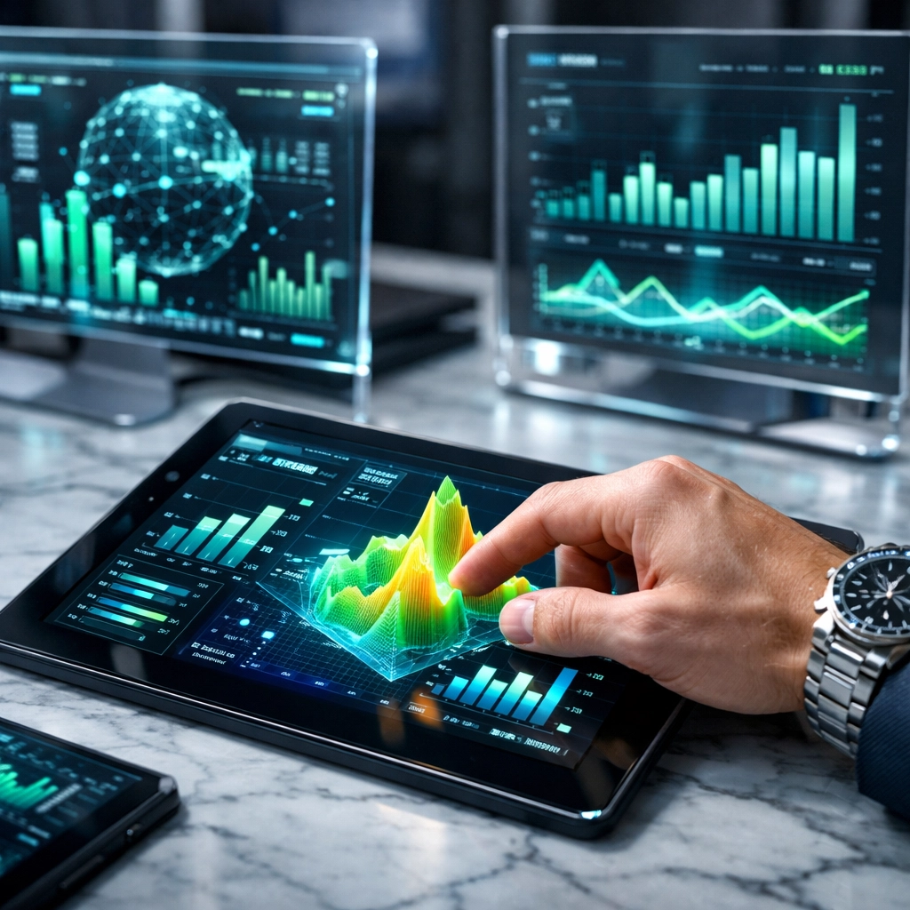Business data visualization on digital tablets used for tracking real-time marketing ROI and team efficiency.