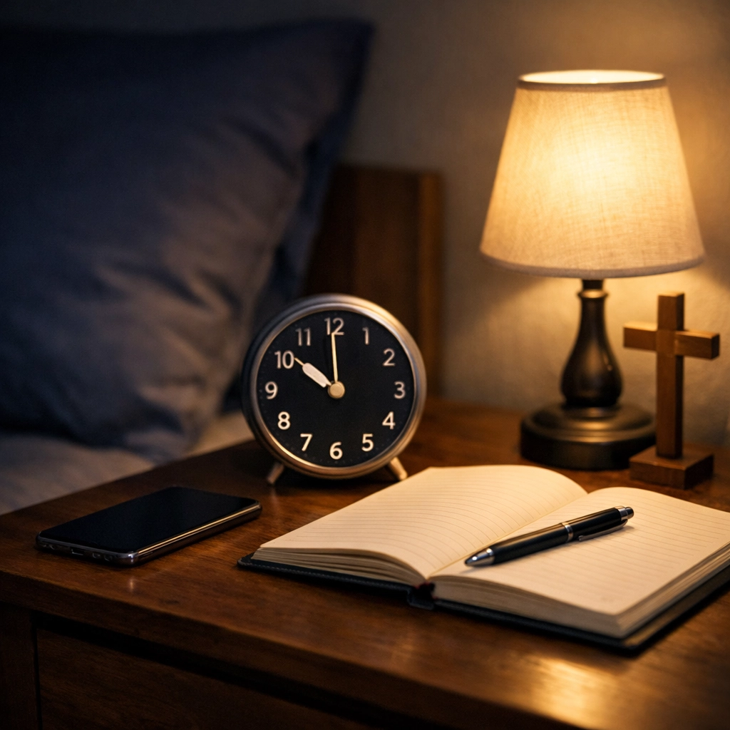 Peaceful bedtime nightstand with phone face-down, journal, and clock showing 10 PM