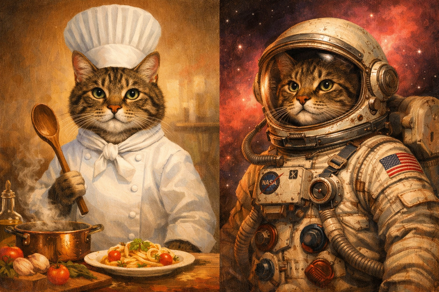 AI-generated pet portraits showing a cat dressed as a chef and another as an astronaut, created with dynamic prompt variables in Pictor
