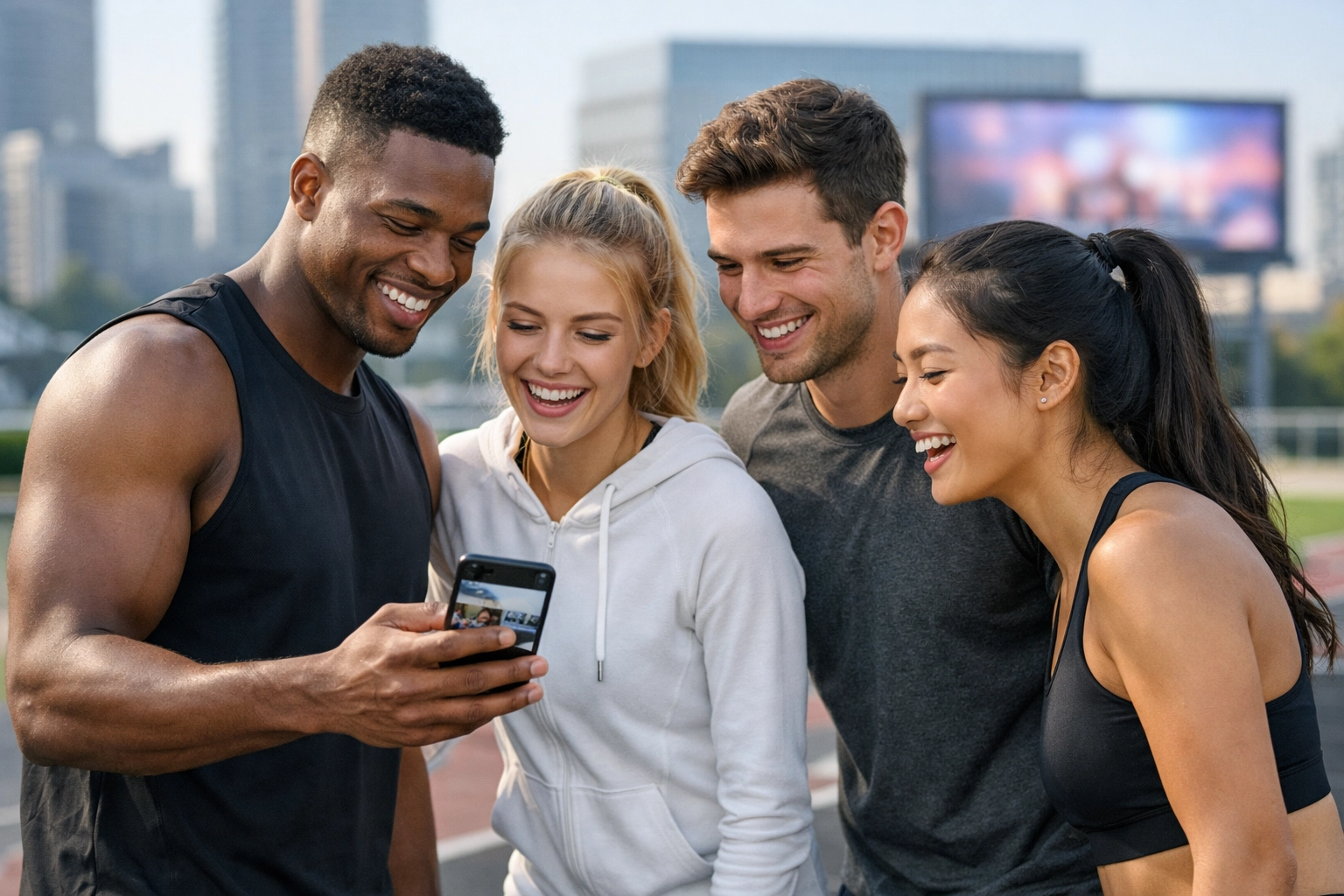 Student-athletes viewing NIL social media content on a smartphone at an urban training facility.