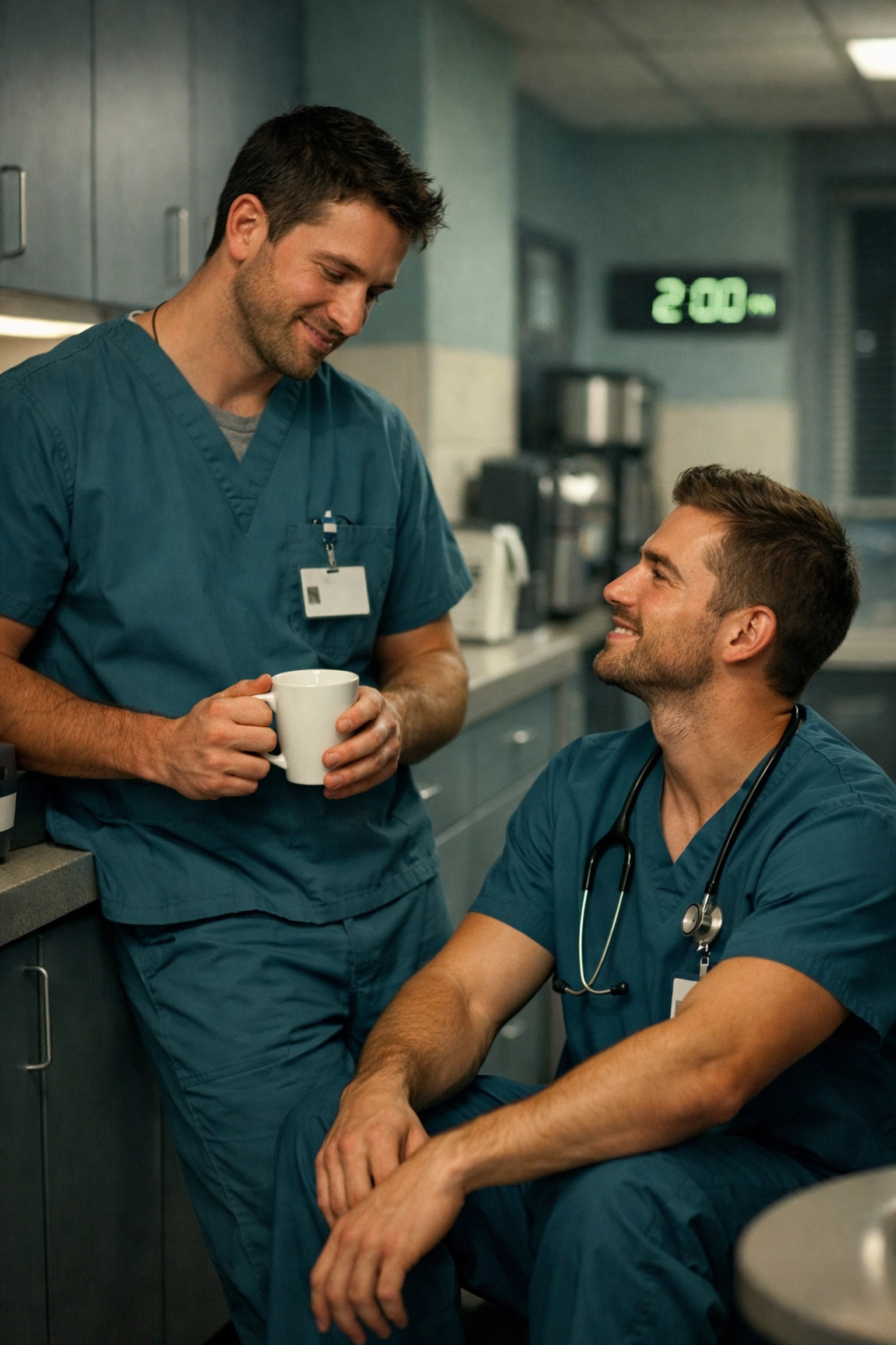 Male nurses connecting in hospital break room - gay romance night shift narrative