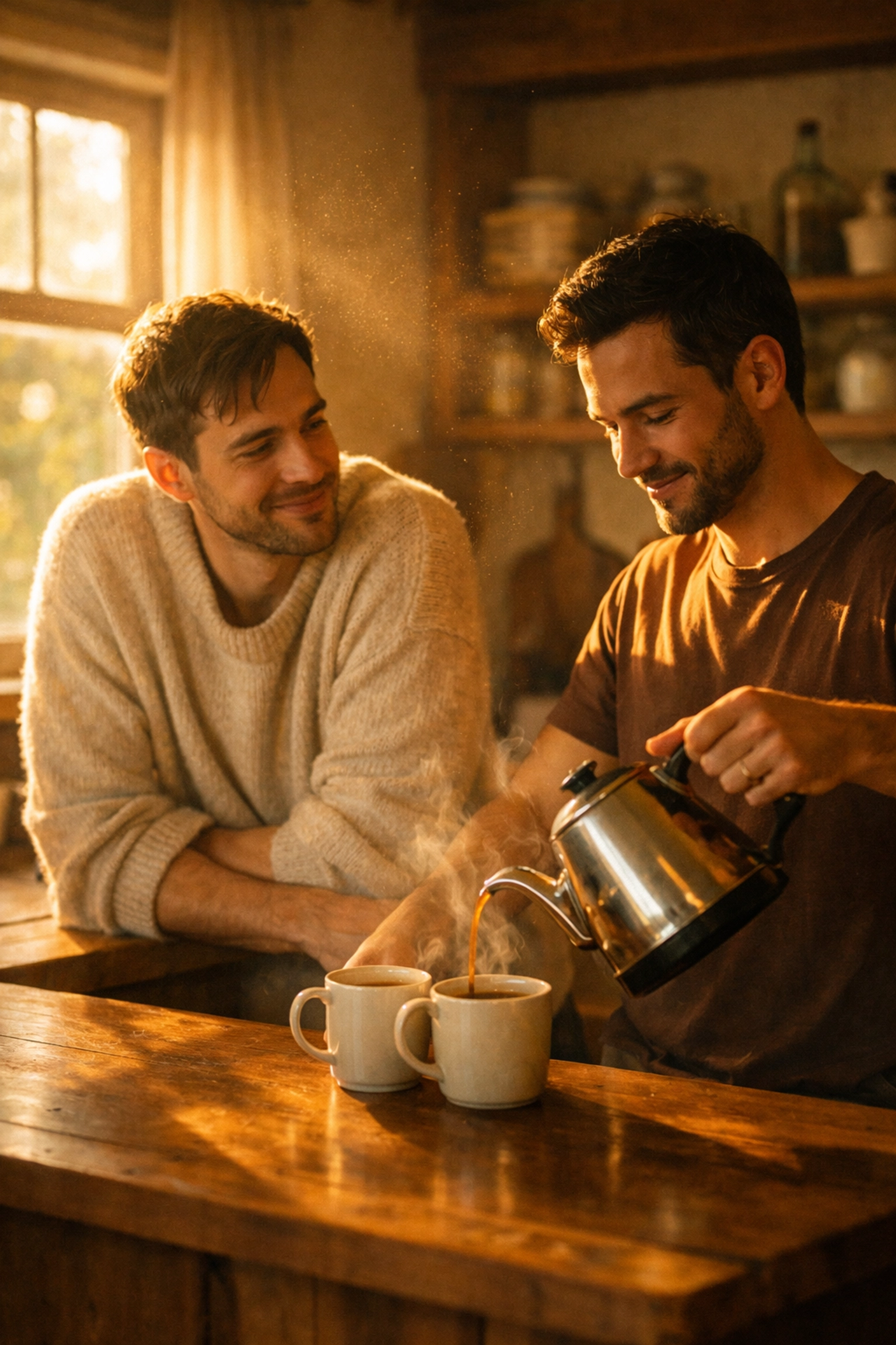 A gay couple sharing a peaceful morning coffee in a rustic kitchen, a common trope in MM contemporary fiction.
