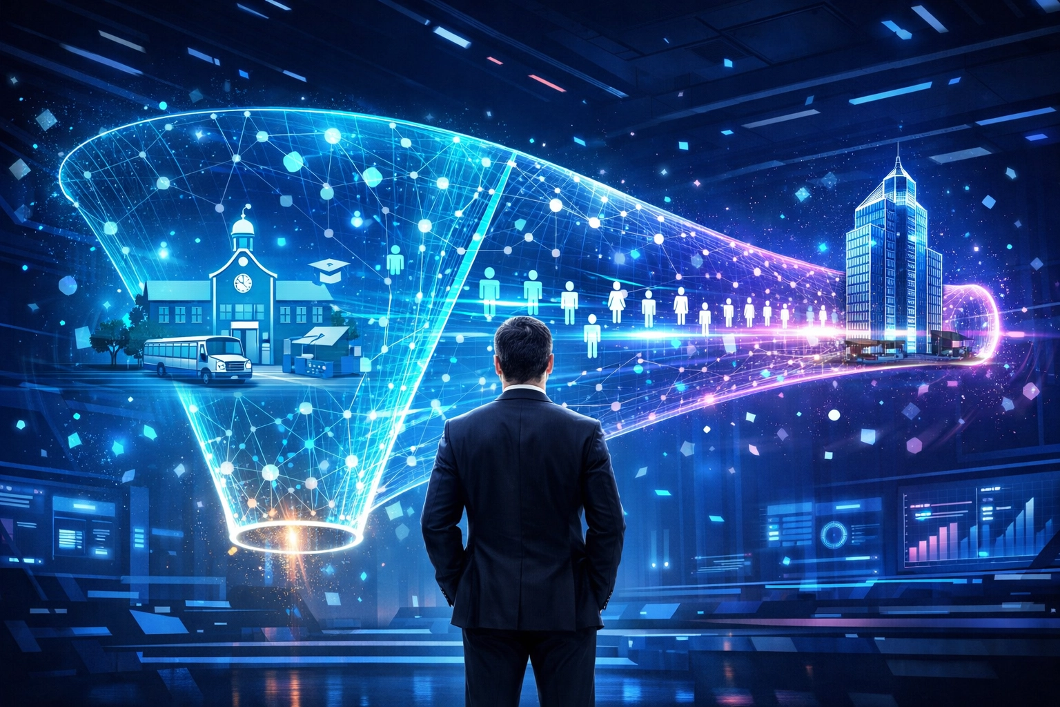 Corporate executive analyzing a digital talent pipeline for high school esports workforce development.