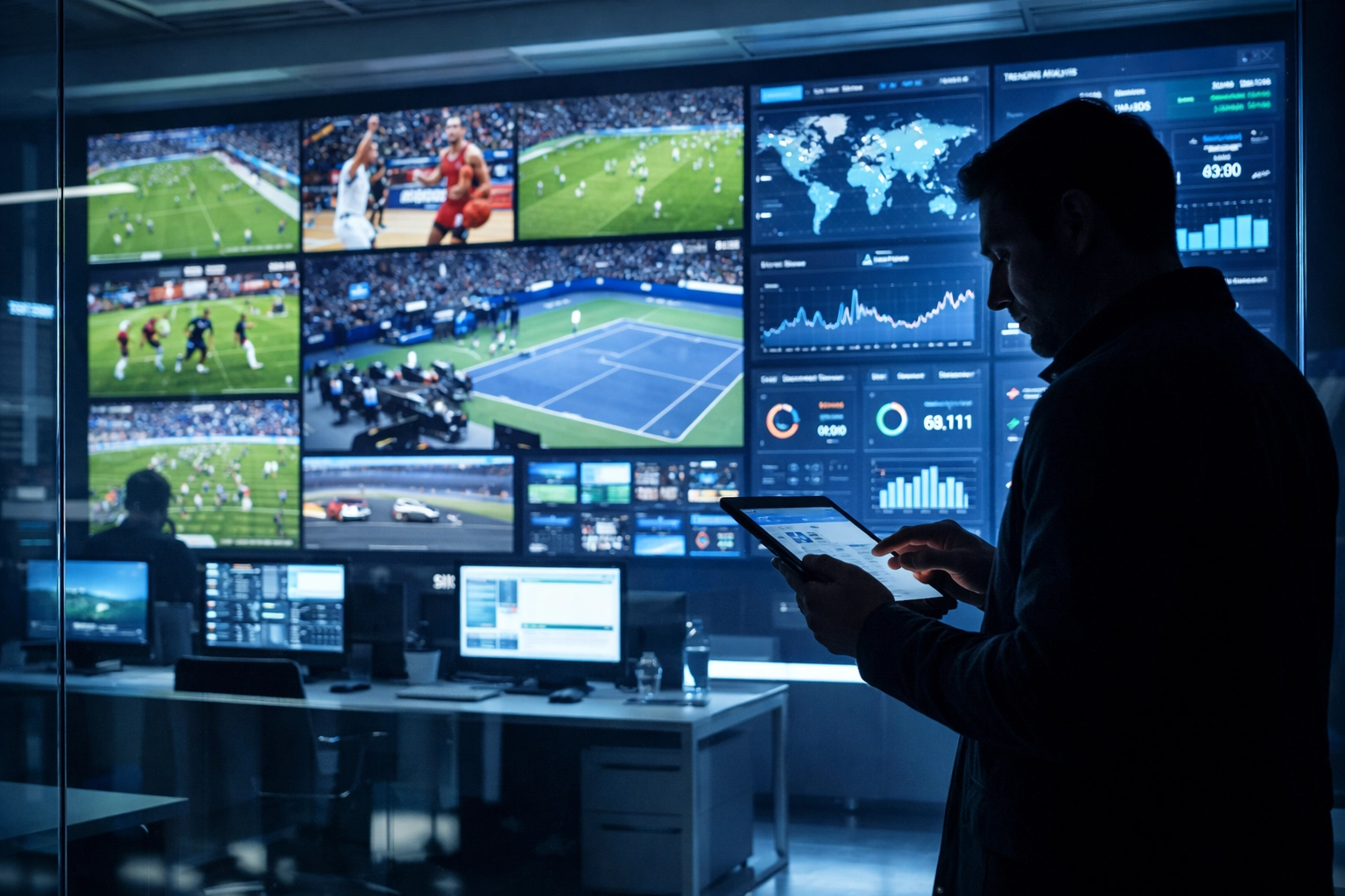 Media agency operations center tracking programmatic DOOH sports data on high-definition video walls.
