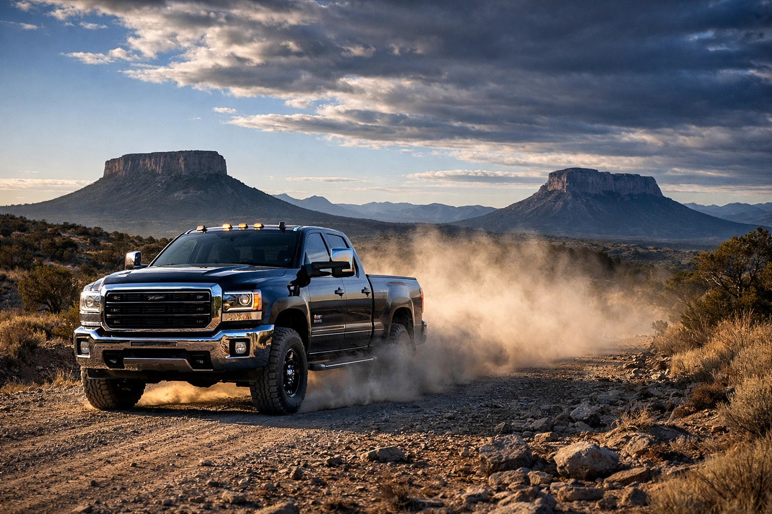 Diesel pickup truck driving on dusty roads in Trinidad CO showing how dust impacts engine health.