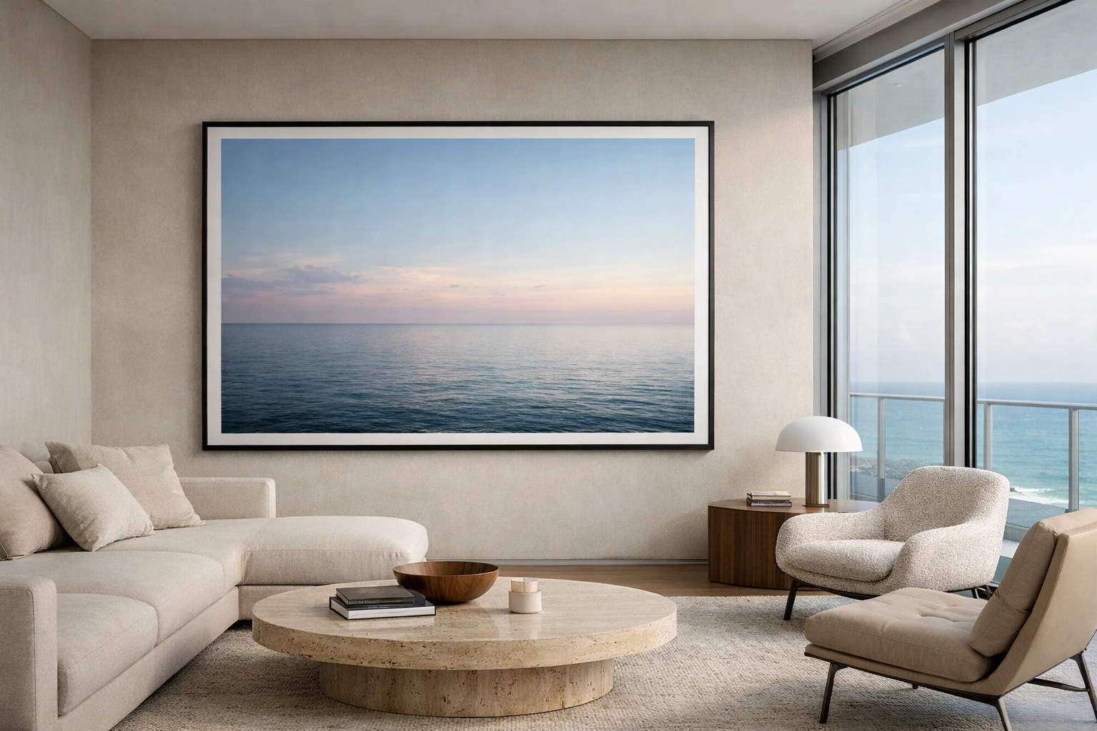 A stunning museum quality print of a seascape displayed in a modern, high-end Miami living space.