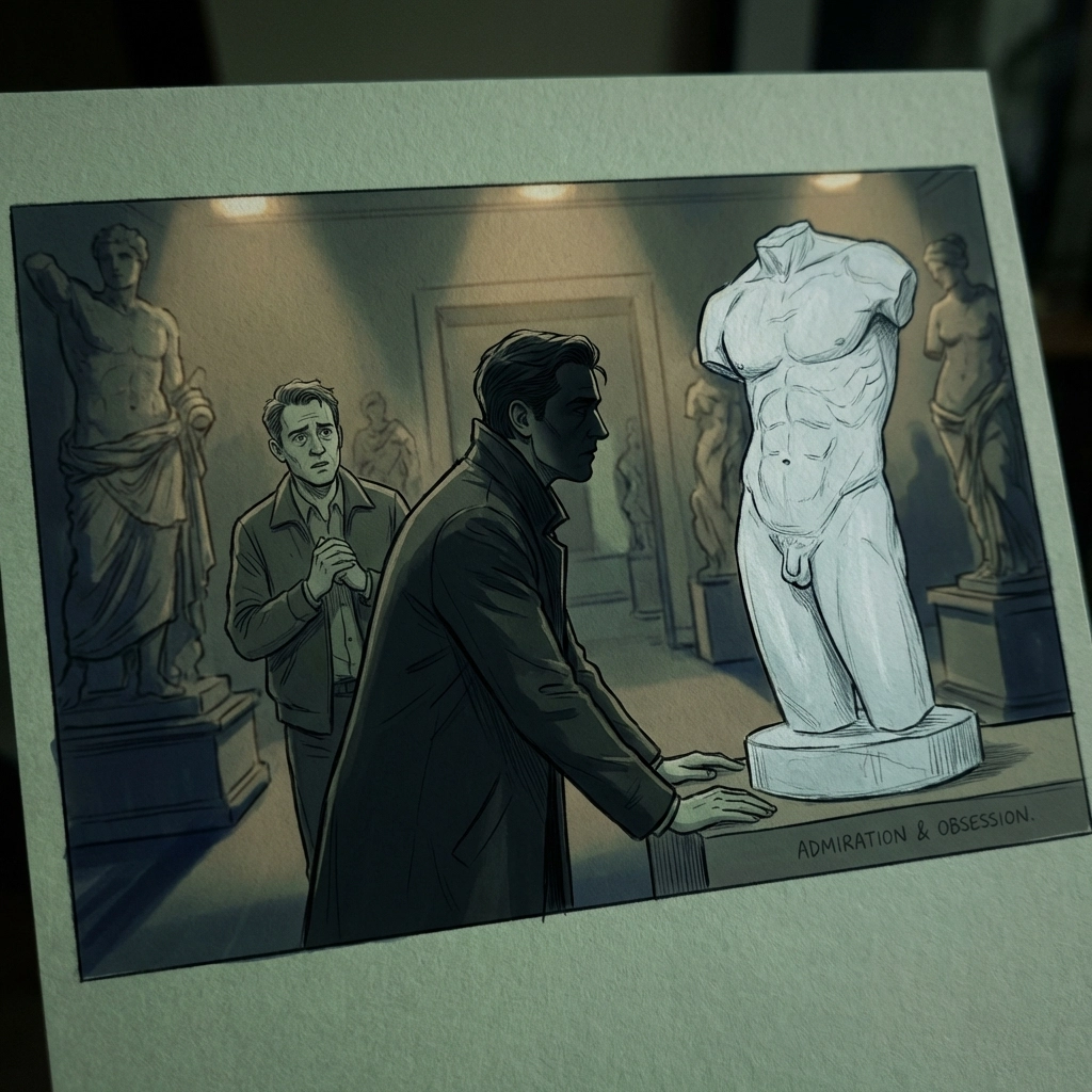 Man obsessively viewing Greek marble statue in museum while another man looks on with concern