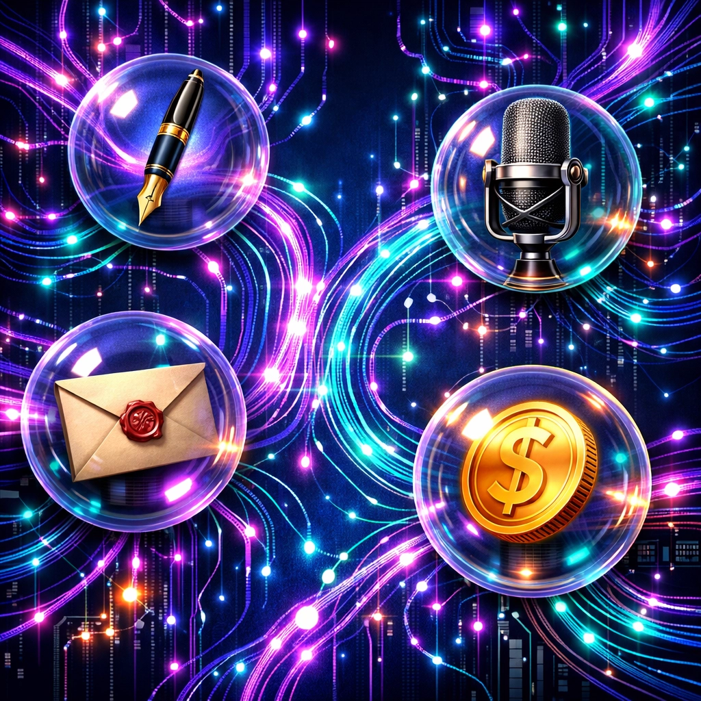 Interconnected digital workflow automating speaking and writing business tasks seamlessly.