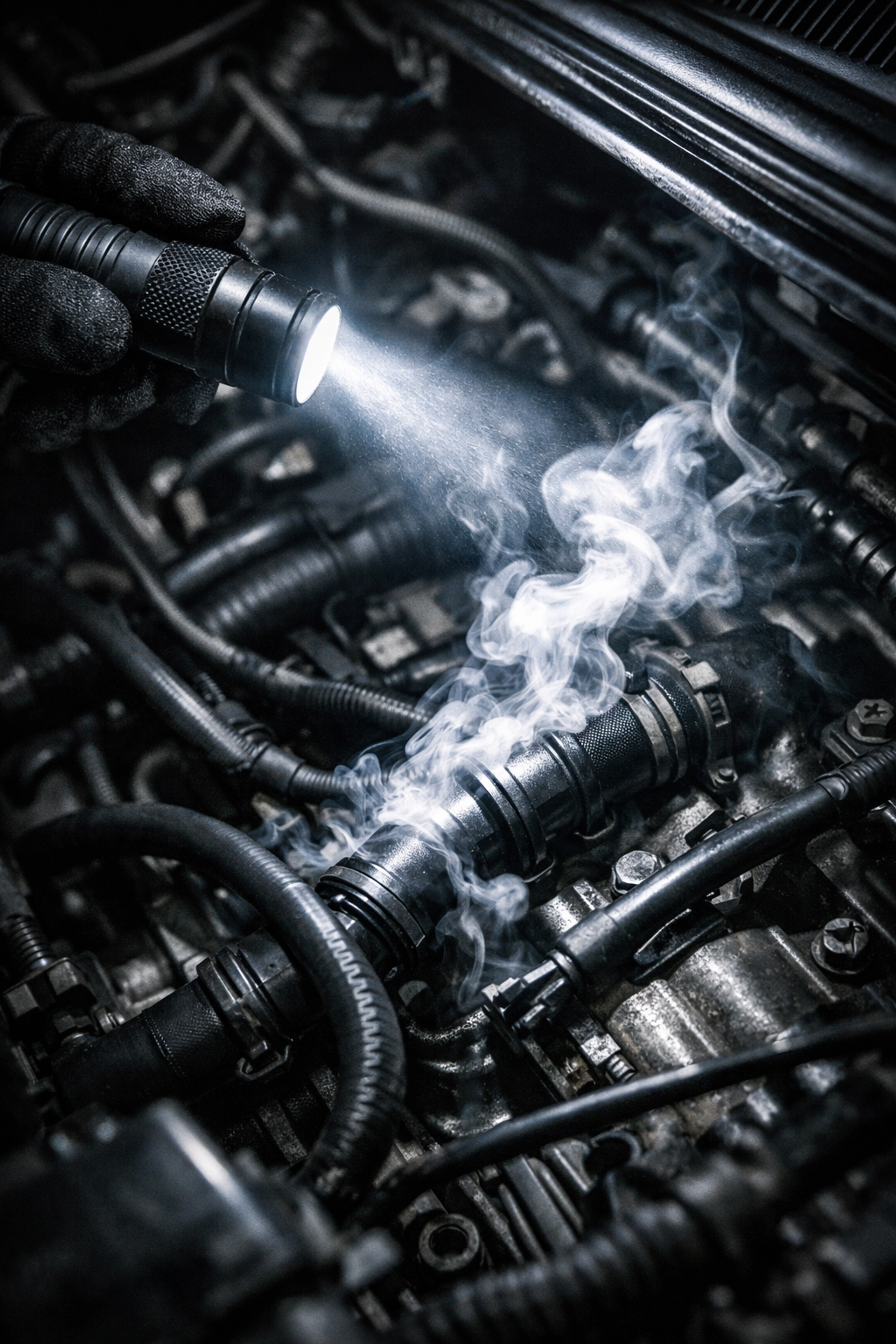 Smoke test for engine diagnostics Indianapolis to locate hidden vacuum leaks in an engine bay.