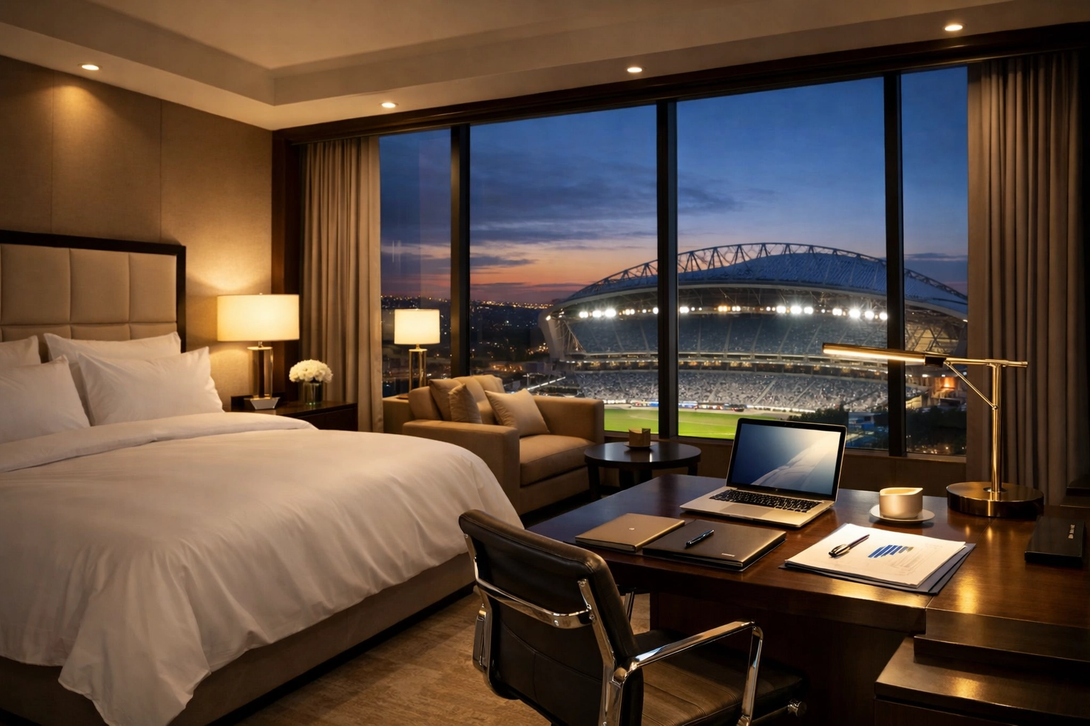 Luxury hotel suite with stadium view for Fortune 500 corporate accommodations